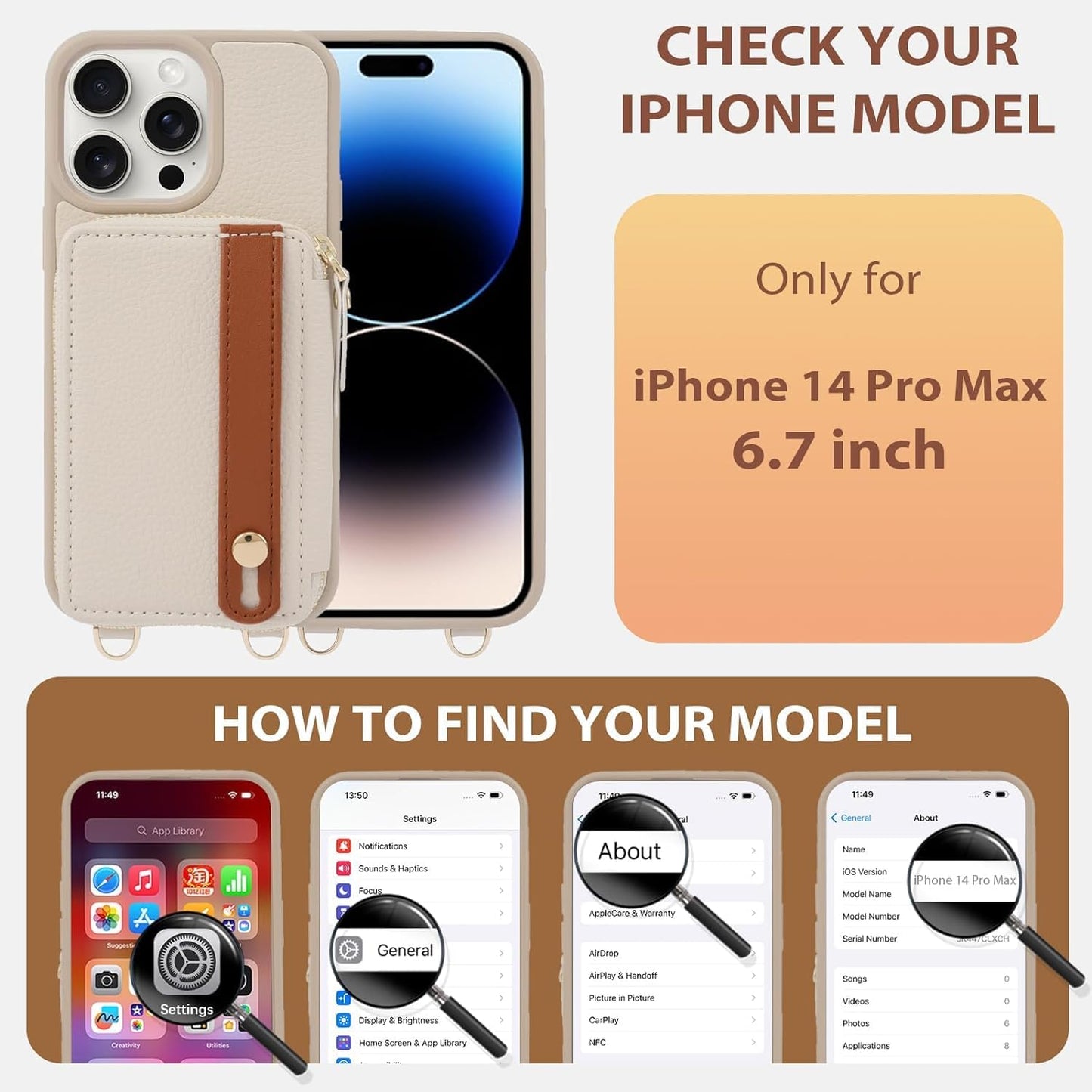 LAMEEKU for iPhone 14 Pro Max Wallet Case with Card Holder, Zipper Leather Crossbody Case with Kickstand Lanyard for Women, Cover with Phone Grip Holder Stand for Apple iPhone 14 Pro Max 6.7" Beige"
