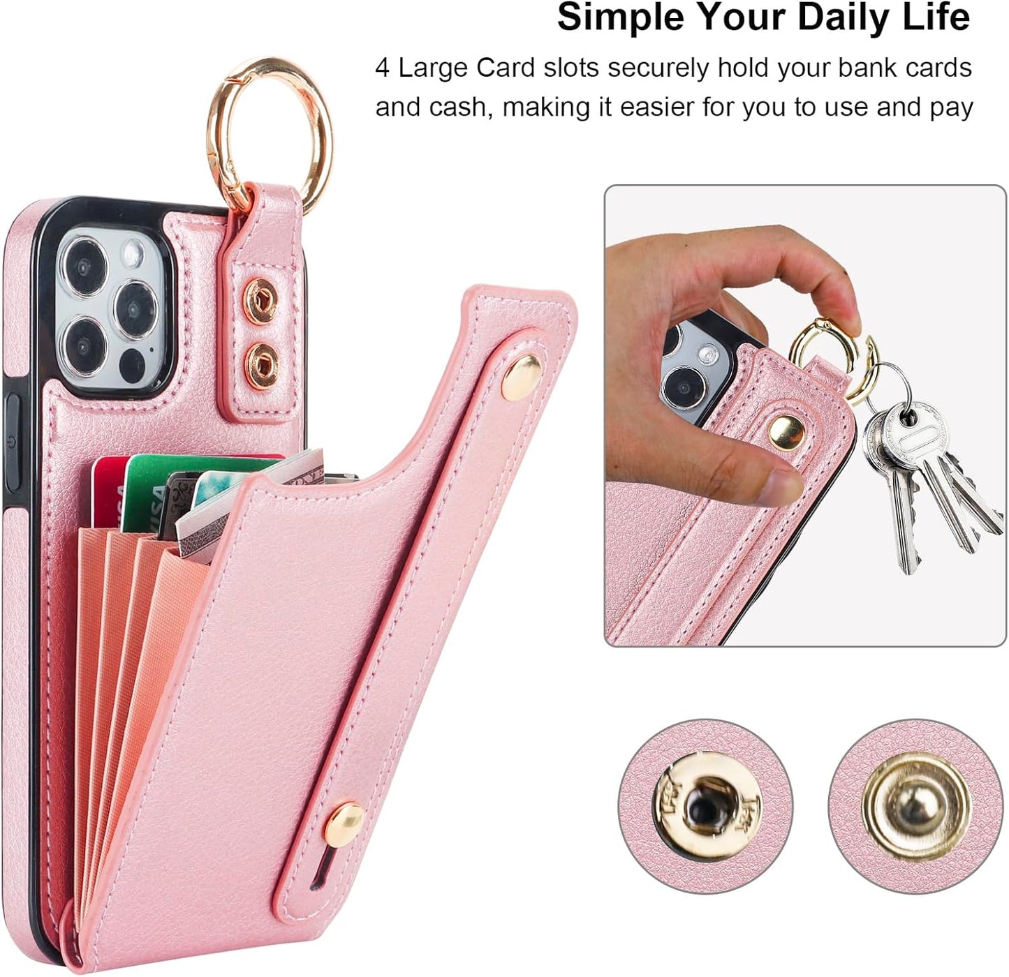 Folosu for iPhone 12/12 Pro Wallet Case with Card Holder, Hand Wrist Strap Loop Holder Kickstand, RFID Blocking Finger Grip Ring PU Leather Double Buttons Shockproof Cover 6.1" Rosegold"