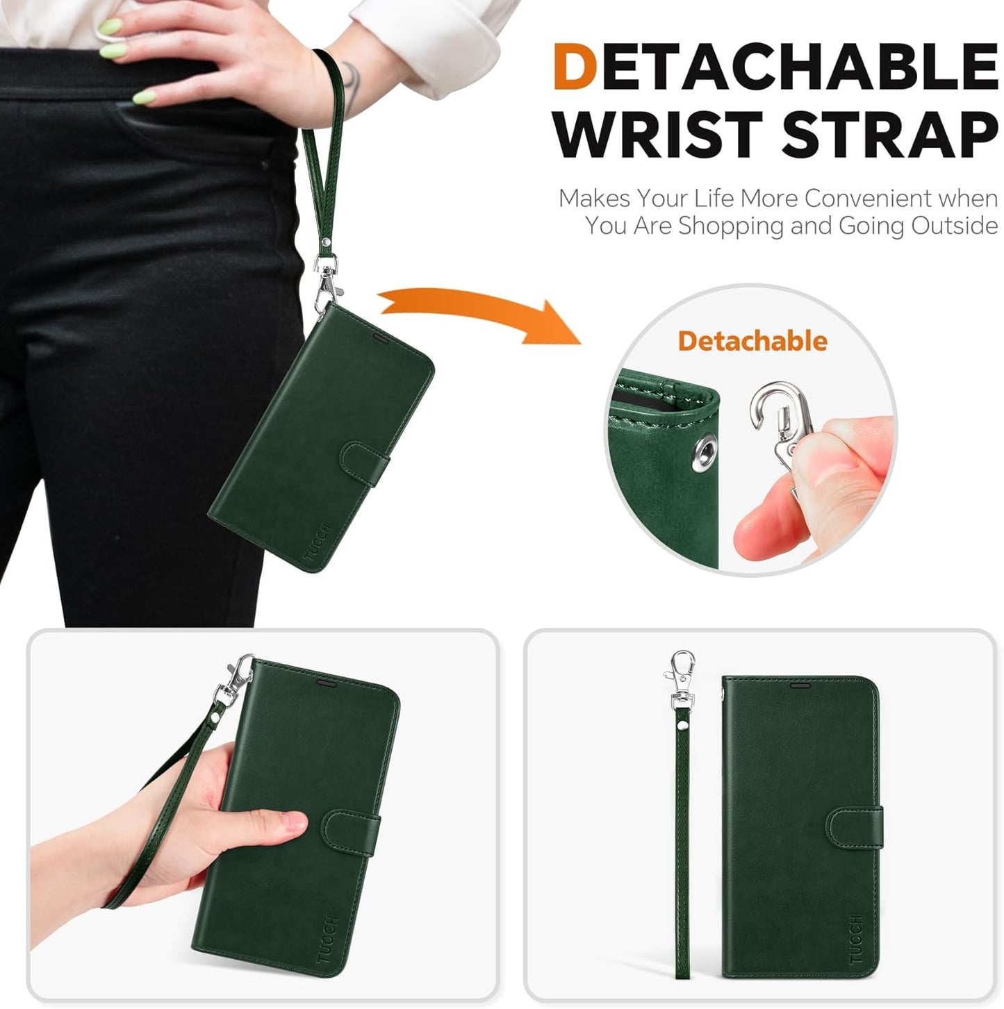 TUCCH Wallet Case for Galaxy S25, [Removable] 2 in 1 [Wireless Charging] Wrist Strap RFID Blocking [4 Card Holders] PU Leather Cover, Magnetic Detachable Stand Folio Case for Galaxy S25, Evergreen