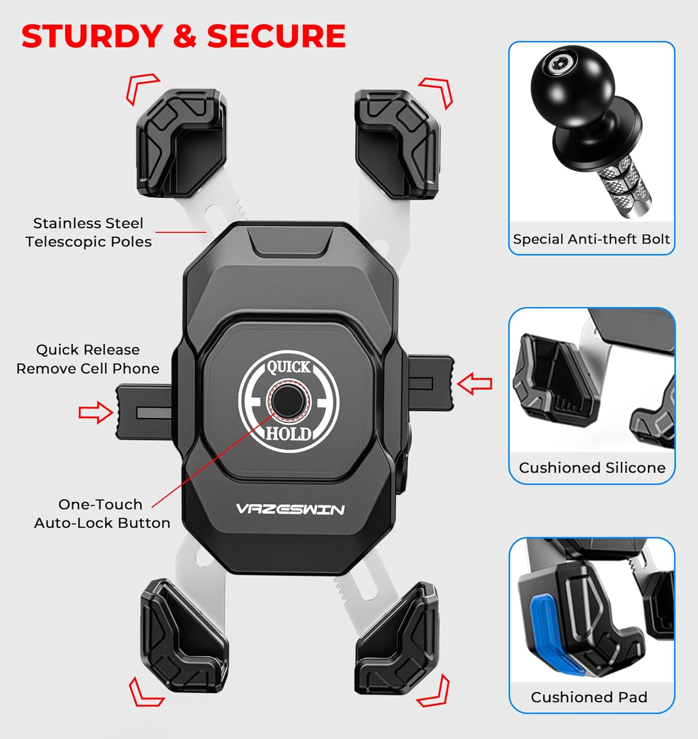 Motorcycle Fork Stem Phone Mount with Vibration Dampener, Motorcycle Cell Phone Holder with Aluminum Alloy Anti-Theft Short Arm, Fit 12mm to 25.4mm Diameter Stem Tubes, for 5.5"-7.2"" Phones"
