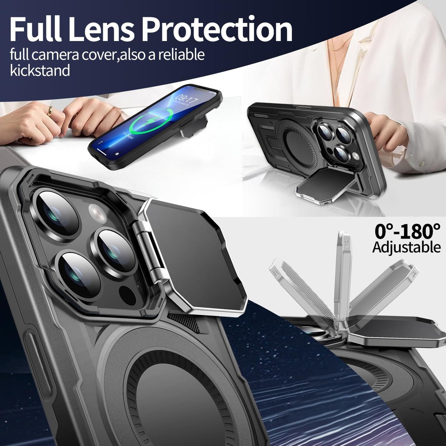 Camera Stand Case for iPhone 13 Pro Max, [Compatible with MagSafe] [Lens Cover] 2024 Version Military Grade Protective Soft Case for iPhone 13 Pro Max 6.7 inch Men Women, Black