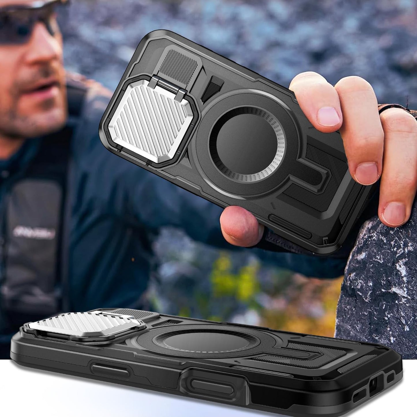 Camera Stand Case for iPhone 16, [Compatible with MagSafe] [Lens Cover] 2024 Version Military Grade Protective Soft Case for iPhone 16 6.1 inch Men Women, Black