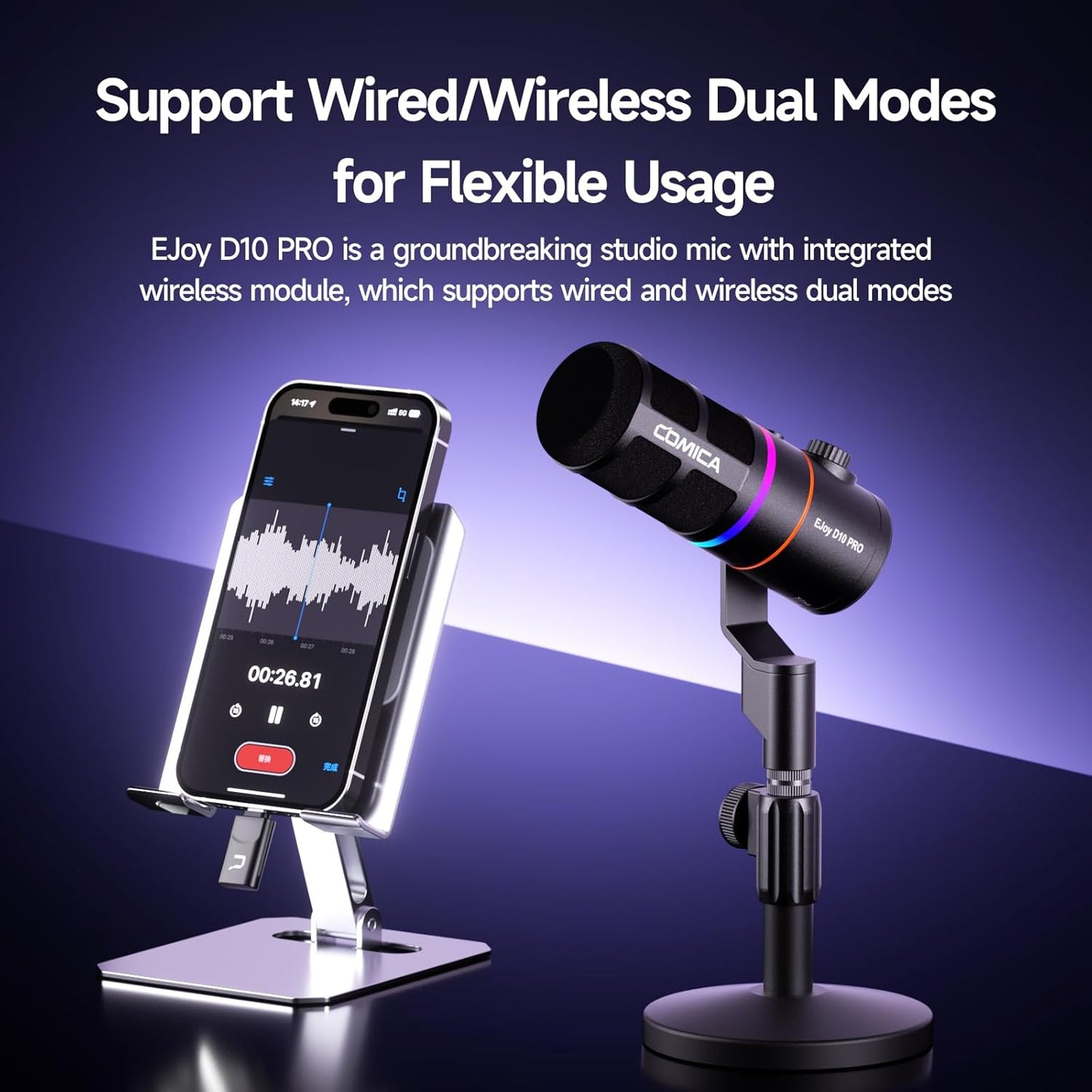 EJoy D10 PRO(D) Combo Dual-Channel Wireless USB Gaming Microphone – RGB Dynamic Mic with Wired/Wireless Modes, XLR/USB-C, Real-Time Monitoring, Studio Mic for Gaming, Streaming, Podcast, Recording