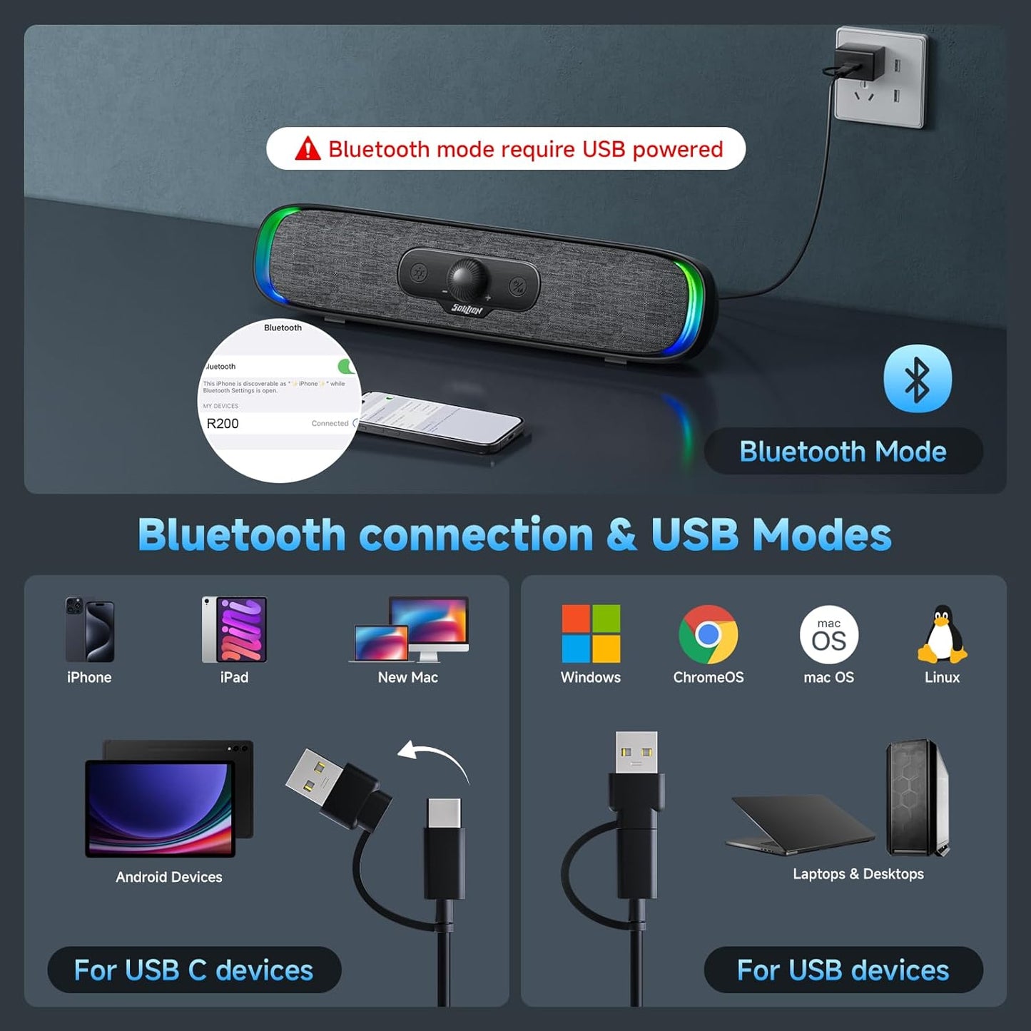 SOULION R200 Bluetooth Computer Speakers, Compact PC Speakers, USB C/USB Plug & Play Desktop Speaker with Colorful LED Lights, Clear Sound PC Soundbar for Computer Desktop Laptop Monitor