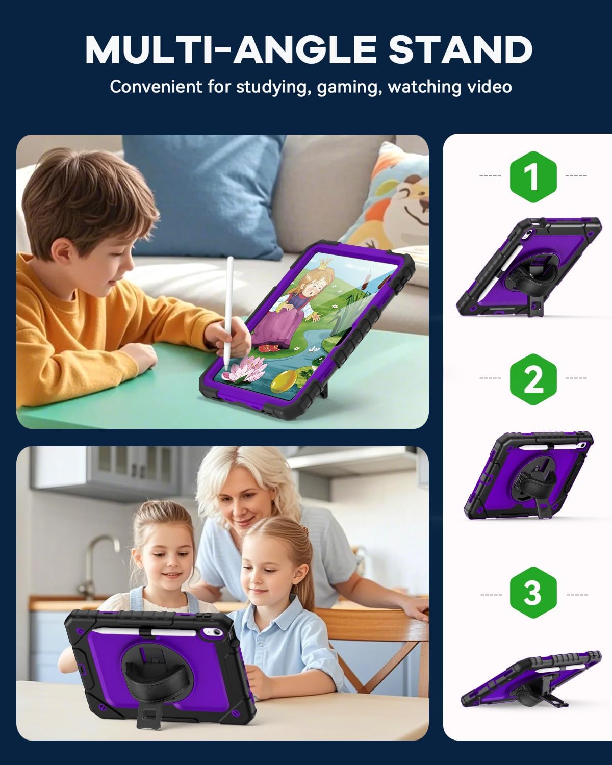 Cantis Case for iPad 11-inch (A16) 2025/ iPad 10th Generation 2022 (10.9 inch) with Screen Protector, iPad 11th Case with 360 Degree Rotating Stand/Shoulder Strap/Pencil Holder, Black+Dark Purple