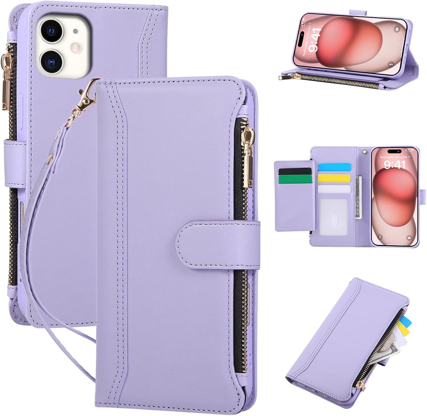 Compatible with iPhone 12/12 Pro Wallet Phone Case-PU Leather Magnetic Flip Cover with Credit Card Slots,Zipper Pocket & Detachable Wrist Strap,Shockproof Design,for Women and Men-Purple