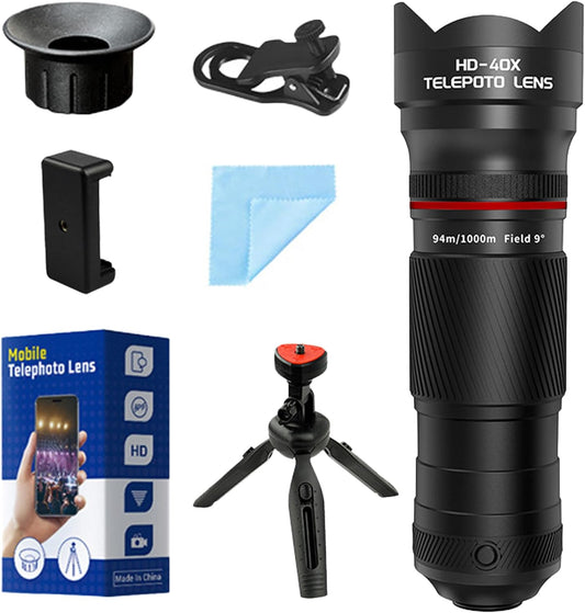 40X Telephoto Lens with Tripod for iPhone Android Phones, 2-in-1 Mobile Phone Camera Lens Kit with Universal Clip, HD Magnifier for Smartphone Photography - Compatible with All Smartphones