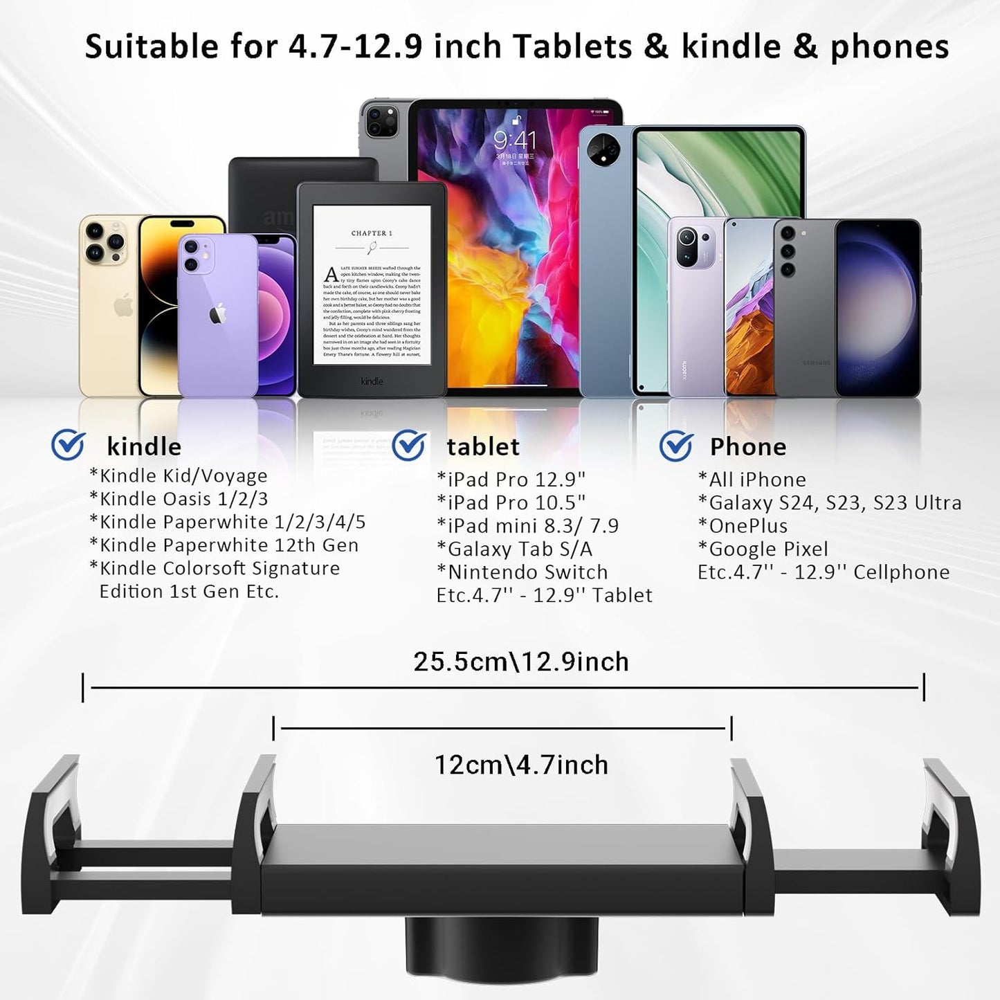 Desk Tablet Holder for iPad Pro, No Stiff Easy Adjust Arm Phone and Tablet Stand for Bed, Ereader Accessories Compatible with Kindle iPhone, iPad Pro/Mini/Air, Smartphones