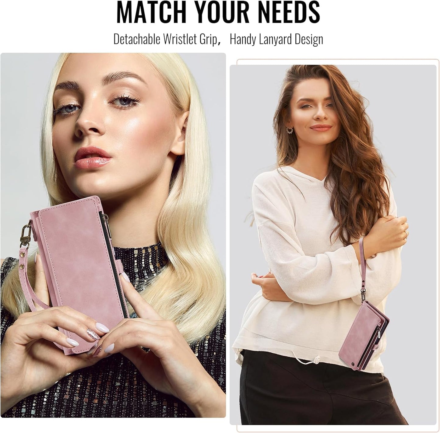 Defencase for Galaxy A26 5G Case Wallet with RFID Blocking Card Holder for Women Men, Fashion PU Leather Magnetic Snap Flip Zipper Wrist Strap Wallet Phone Case for Samsung Galaxy A26 5G, Rose Pink