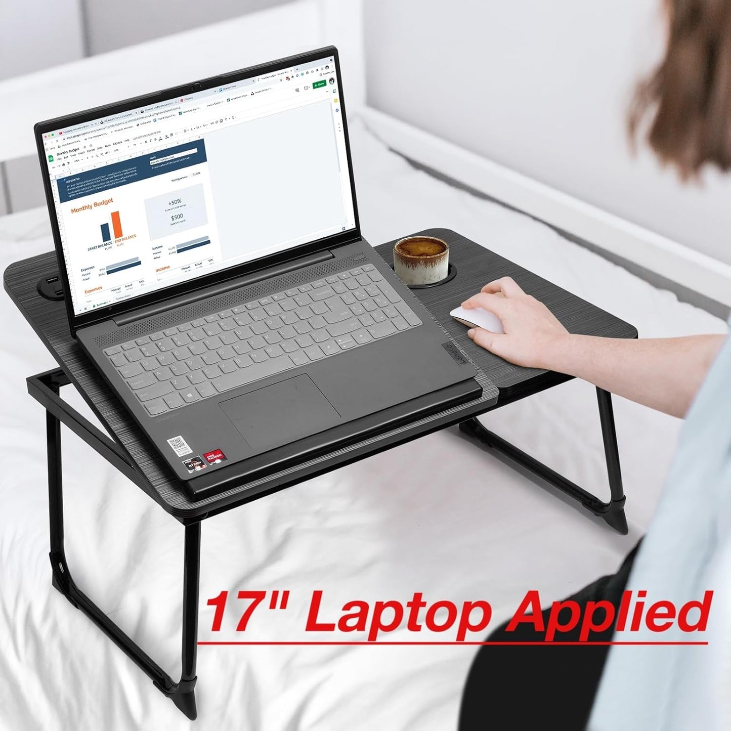 CloudTrip Plus XL Adjustable Laptop Desk with Light, USB Port, iPad Holder, Drawer Storage - Larger 23.6IN Adjustable Lap Desk for Bed, Home Office, Breakfast Tray, Fordable Legs Desk (Walnut)