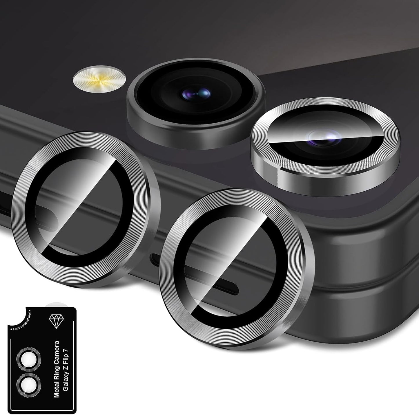 for Samsung Galaxy Z Flip 7 Camera Lens Protector, Individual Metal Ring Tempered Glass Lens Cover, [Strong Adsorption] Scratch Resistant Ultra-Thin HD Clear Lens Cover, 1 Set-Black