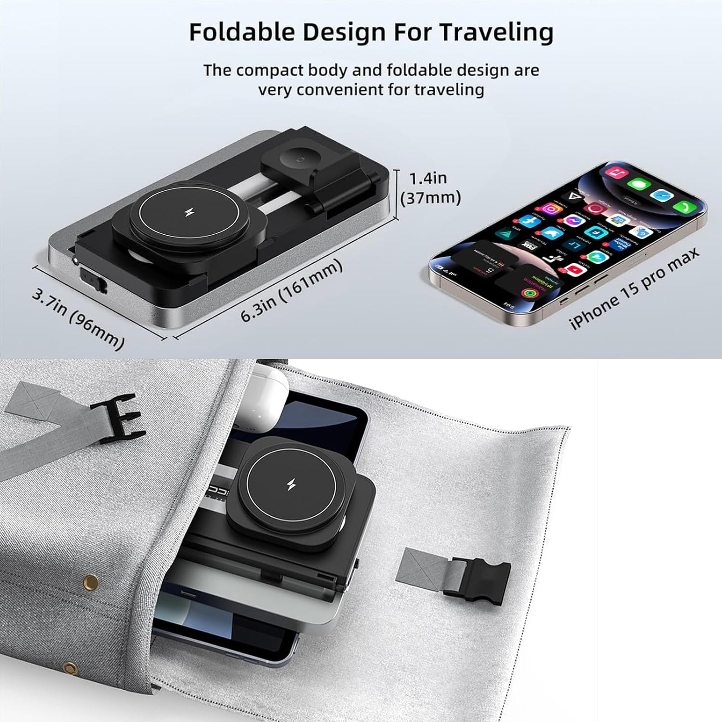 4-in-1 Wireless Charger with Adjustable Night Light, Magnetic Foldable Stand for iPhone 12-16/Apple Watch/AirPods, 15W Fast Charging Bedside Dock - Multi-Device Compatible