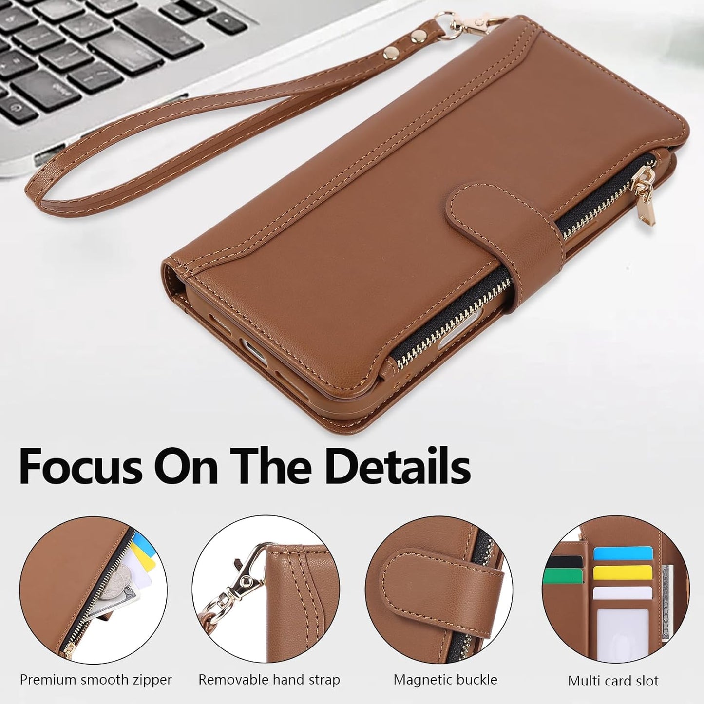 Compatible with iPhone 11 Wallet Phone Case-PU Leather Magnetic Flip Cover with Credit Card Slots,Zipper Pocket & Detachable Wrist Strap,Shockproof Design,for Women and Men-Brown