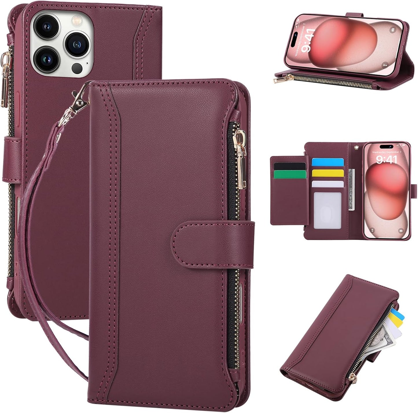 Compatible with iPhone 12 Pro Max Wallet Phone Case-PU Leather Magnetic Flip Cover with Credit Card Slots,Zipper Pocket & Detachable Wrist Strap,Shockproof Design,for Women and Men-Claret
