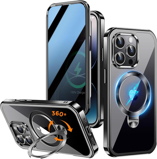 [360° Rotatable CD Stand & Built-in Privacy Screen Magnetic Case for iPhone 14 Pro Max[Compatible with MagSafe&Full Signal] Mil-Grade Shockproof Full Body Anti-Spy Cover for 14 Pro Max-Black