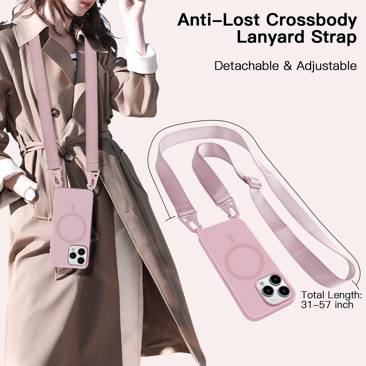 for iPhone 16 Case with Lanyard [Compatible with MagSafe], Crossbody Phone Case with Neck Strap Adjustable, Magnetic Phone Cover for iPhone 16 6.1'' Pink