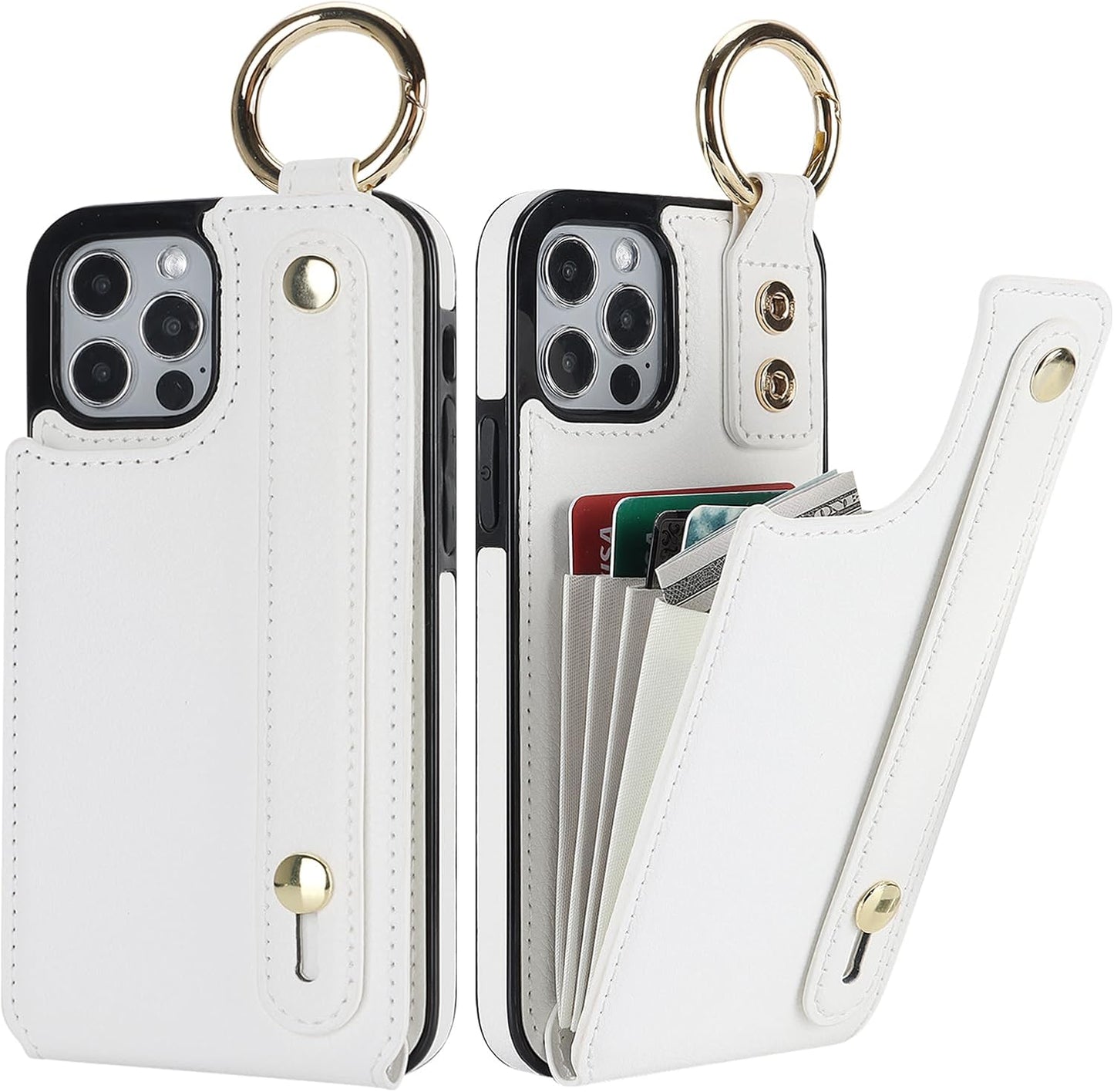 Folosu for iPhone 12/12 Pro Wallet Case with Card Holder, Hand Wrist Strap Loop Holder Kickstand, RFID Blocking Finger Grip Ring PU Leather Double Buttons Shockproof Cover 6.1 Inch (White)