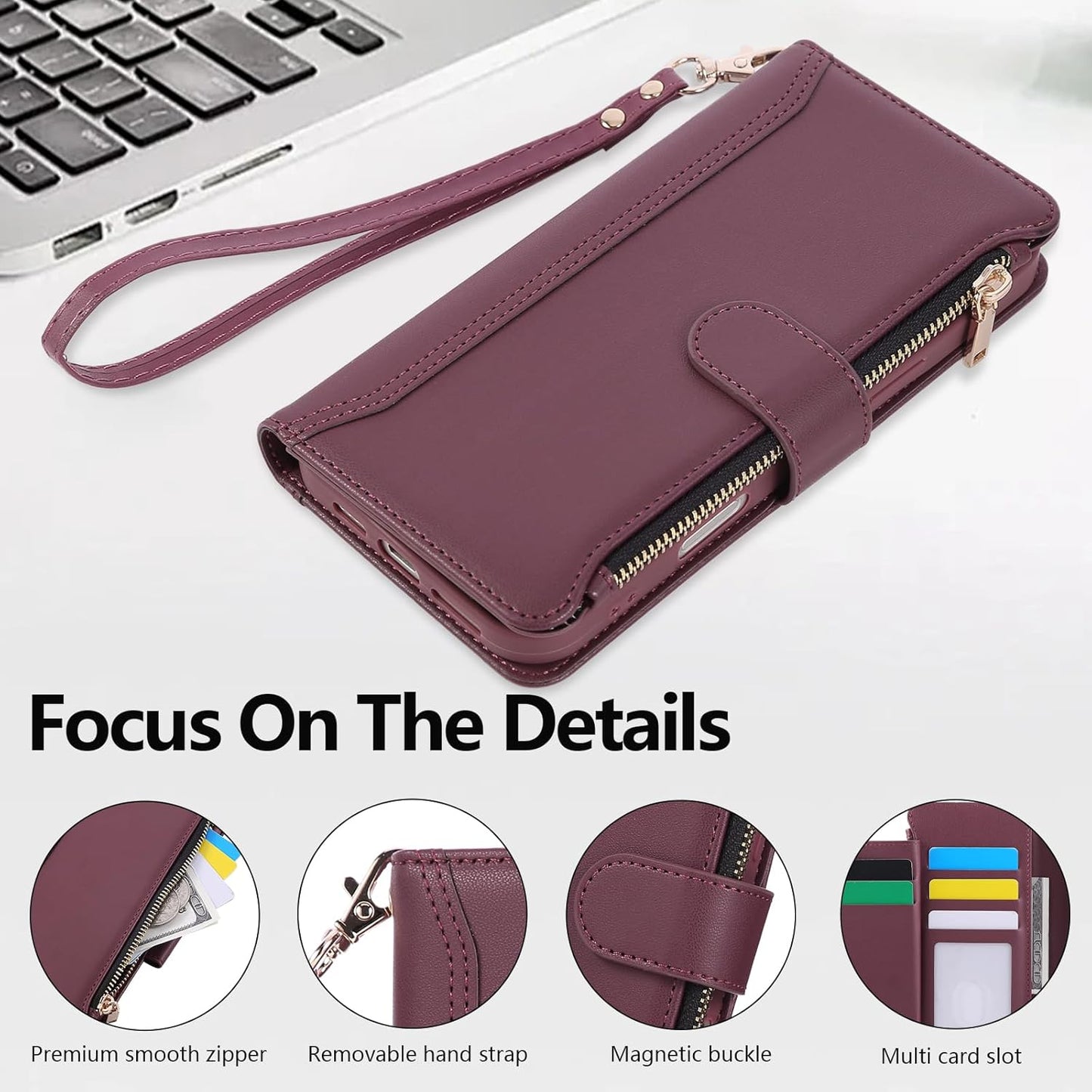 Compatible with iPhone 14 Pro Max Wallet Phone Case-PU Leather Magnetic Flip Cover with Credit Card Slots,Zipper Pocket & Detachable Wrist Strap,Shockproof Design,for Women and Men-Claret