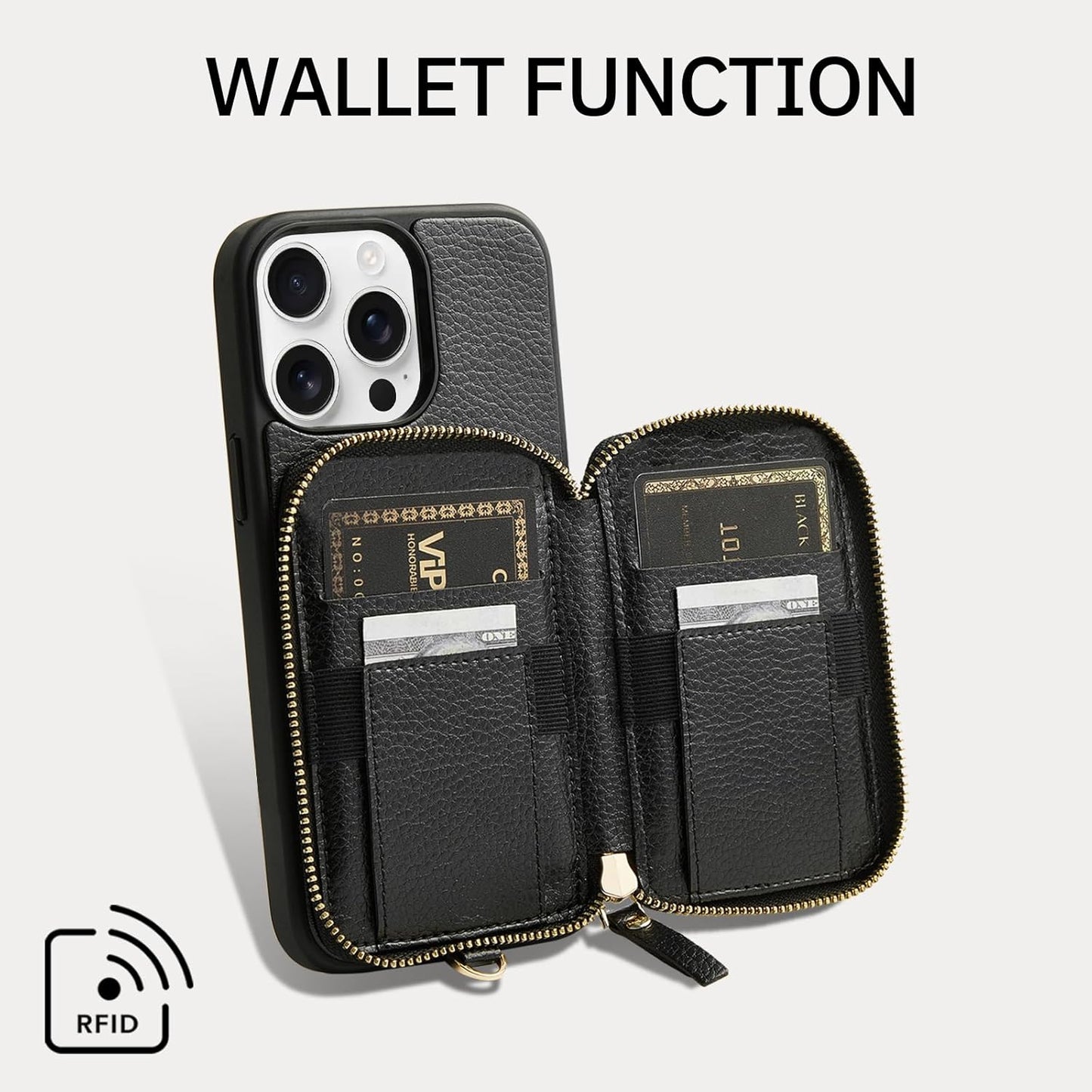 ZVE Wallet Case for iPhone 15 Pro, Phone Case with Card Holder with Wrist Strap RFID Blocking Zipper Leather Cover for Women for iPhone 15 Pro, 6.1"(2023) - Black"