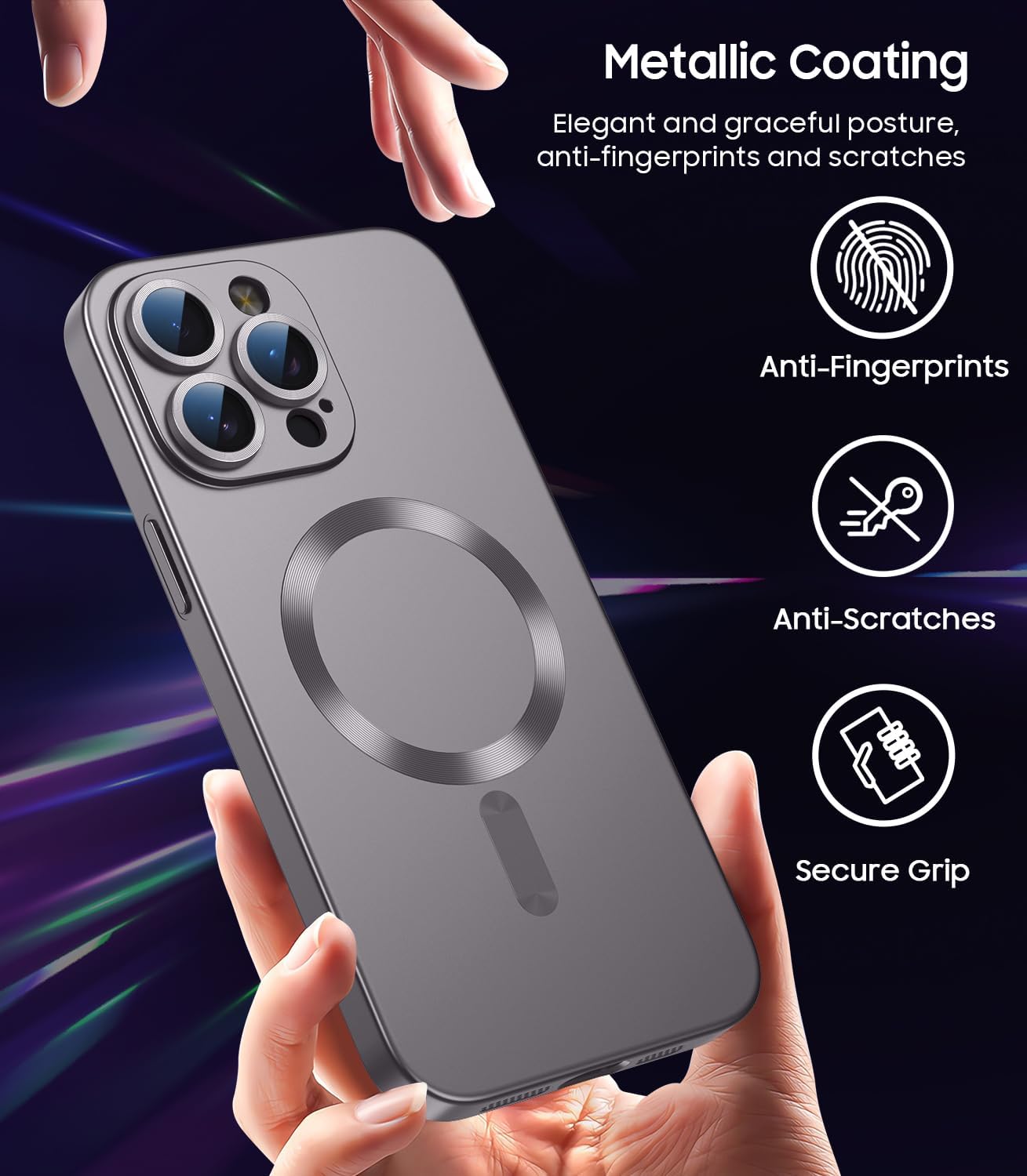Magnetic for iPhone 15 Pro Max Case [Compatible with MagSafe][Built-in Camera Lens Protector] Slim Soft Silicone Bumper Shockproof Metallic Luster Phone Case (Titanium Gray)
