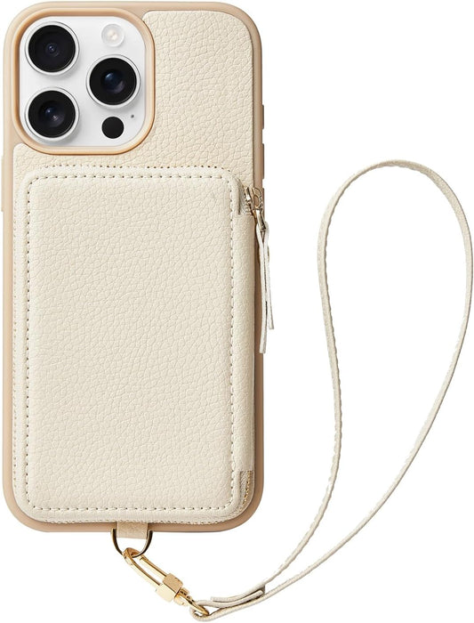 ZVE Wallet Case for iPhone 15 Pro Max, iPhone 15 Pro Max Case Wallet with Card Holder Wrist Strap, RFID Blocking Zipper Leather Cover for Women Gift for iPhone 15 Pro Max, 6.7"(2023) - Beige"