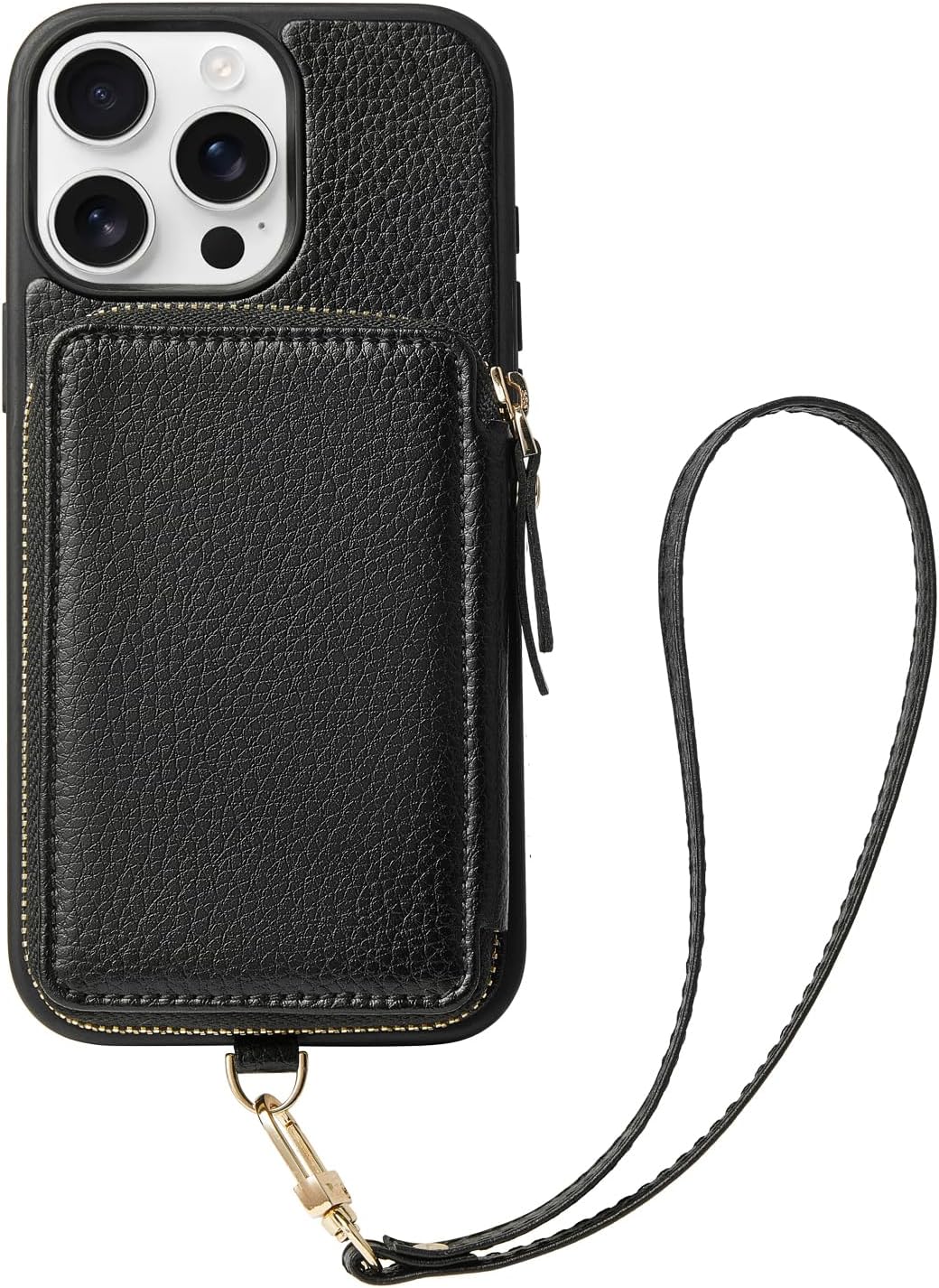 ZVE Wallet Case for iPhone 15 Pro, Phone Case with Card Holder with Wrist Strap RFID Blocking Zipper Leather Cover for Women for iPhone 15 Pro, 6.1"(2023) - Black"