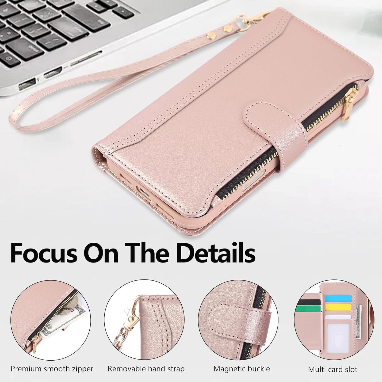 Compatible with iPhone 7/8/SE 2020/SE 2022 Wallet Case PU Leather Shockproof Protective Cover with Credit Card Slots, Zipper Pocket Detachable Wrist Strap,Unisex Design for Men/Women-Pink