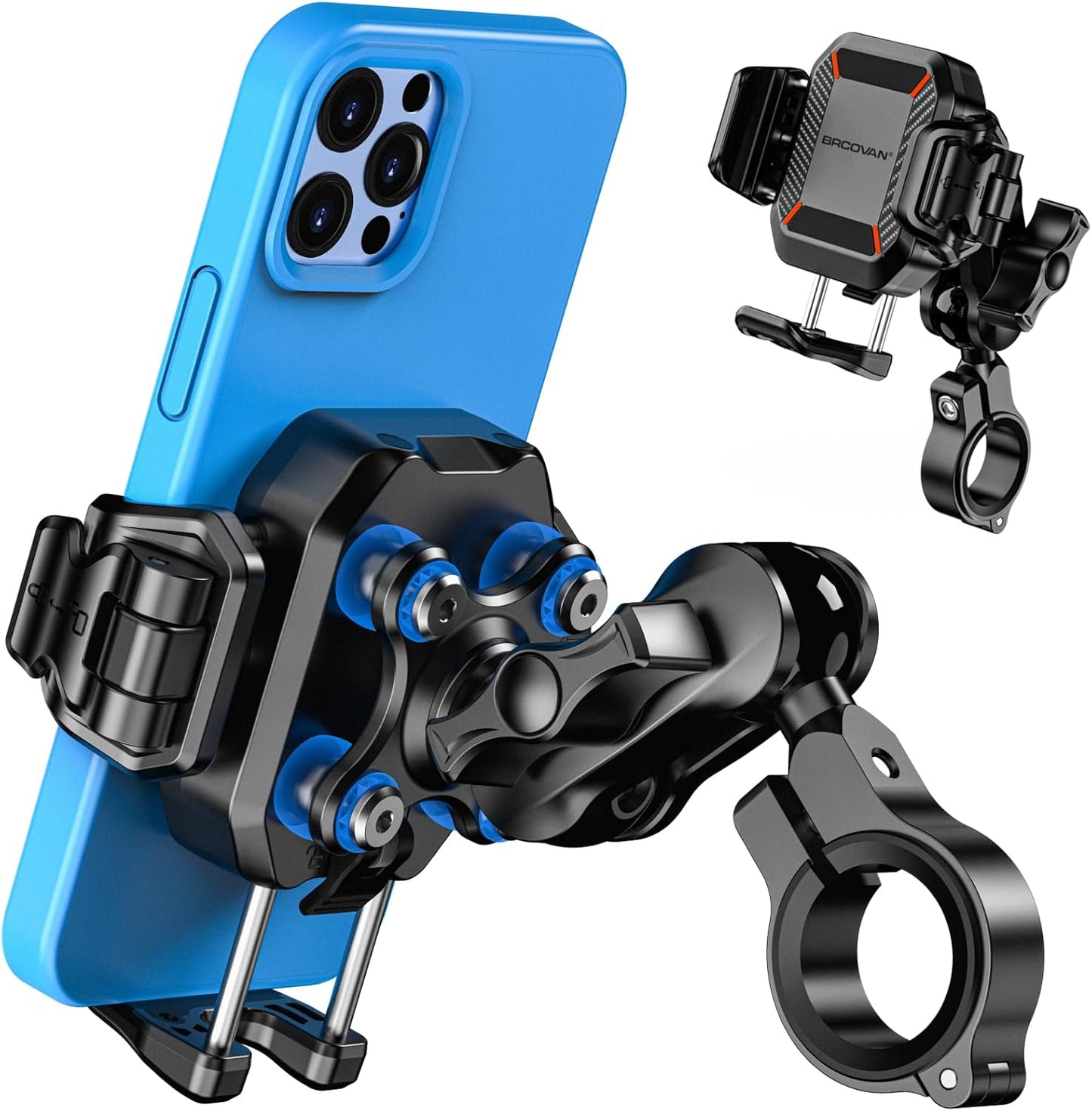 BRCOVAN Anti-Theft Motorcycle Phone Mount with Vibration Dampener, [1s Lock] [Camera Friendly] Handlebar Cellphone Holder for Bike Bicycle Scooter ATV, Adjustable Size Fit 5.4-7.2" Smartphone"
