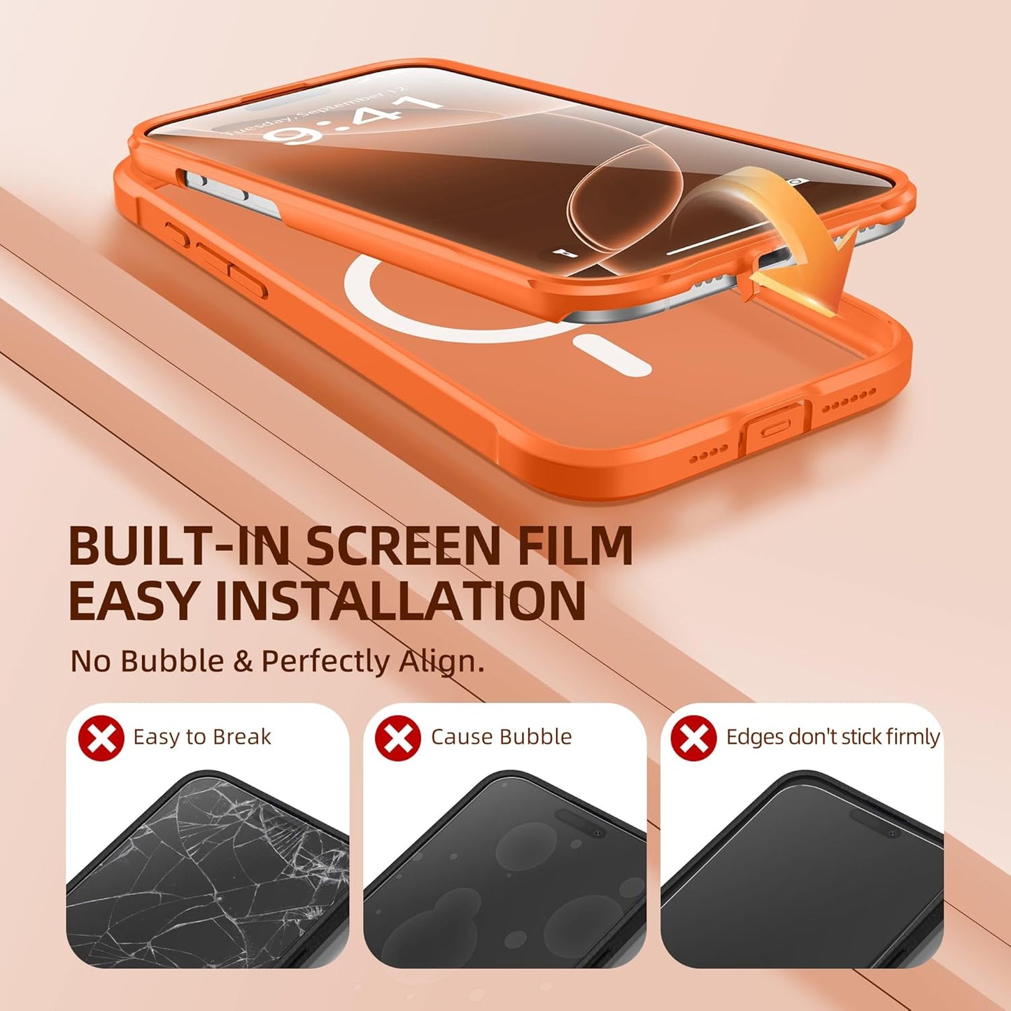 BERFY Magnetic for iPhone 16 Pro Max Case, Compatible with MagSafe, [Built-in 9H Tempered Glass Screen Protector & Camera Protection] Full Body Translucent Matte Phone case for 16 Pro Max, Orange