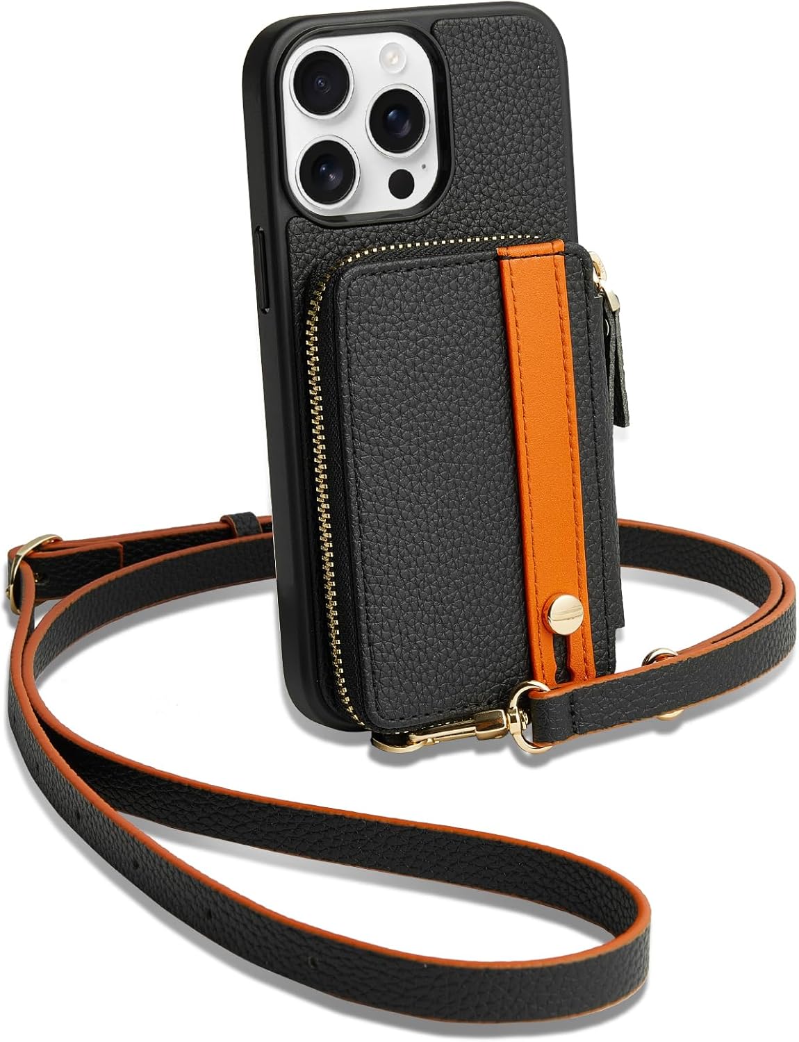 LAMEEKU for iPhone 15 Pro Max Wallet Case with Card Holder, Zipper Leather Crossbody Case with Kickstand Wrist Strap Lanyard for Women, Cover Phone Grip Holder Stand 6.7" -Black"