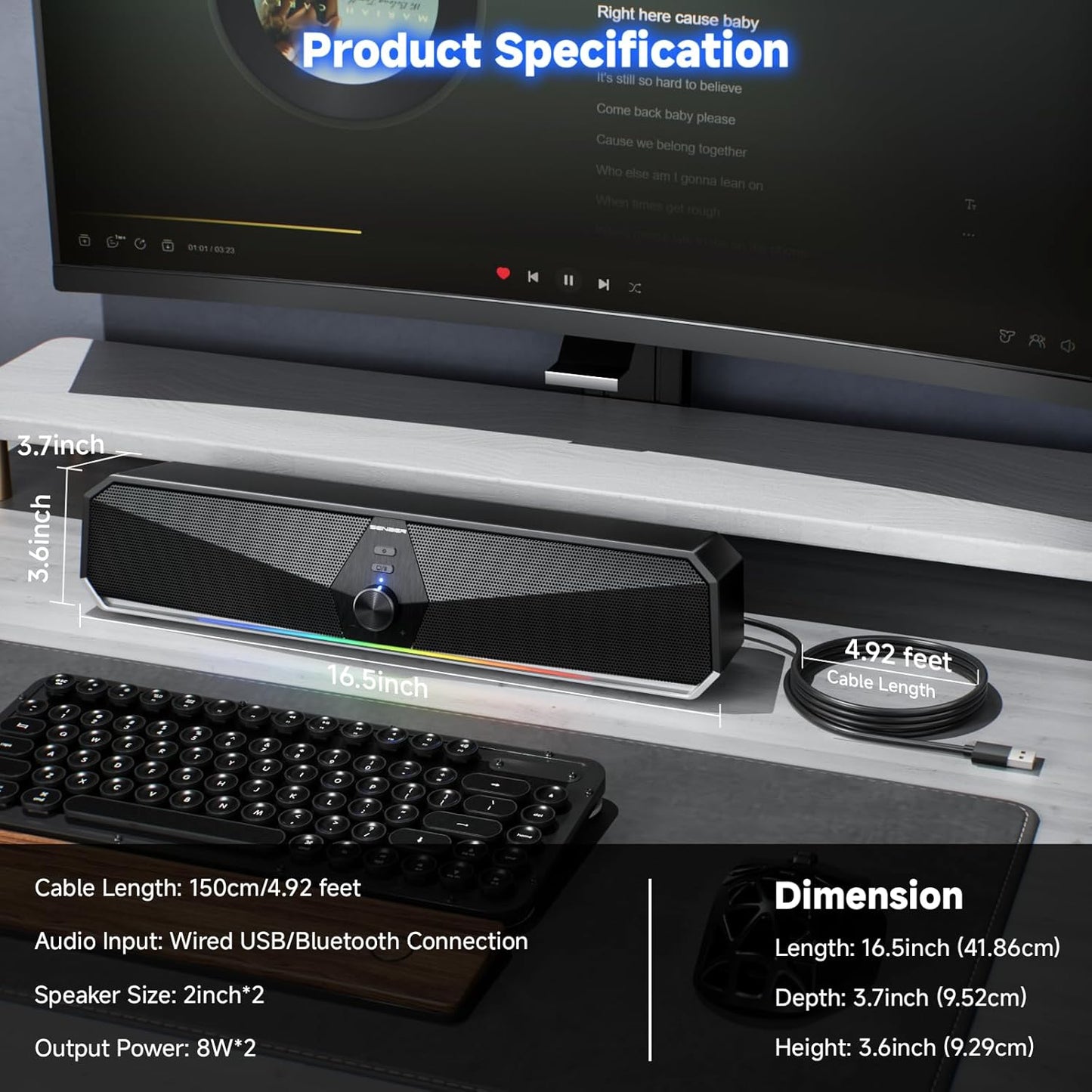 SENZER CS30 Bluetooth Computer Speakers for Desktop, USB Plug & Play PC Speakers with Dynamic LED Light, Stereo Sound Soundbar for Desktop Laptop Monitor (USB-C Adapter Included)