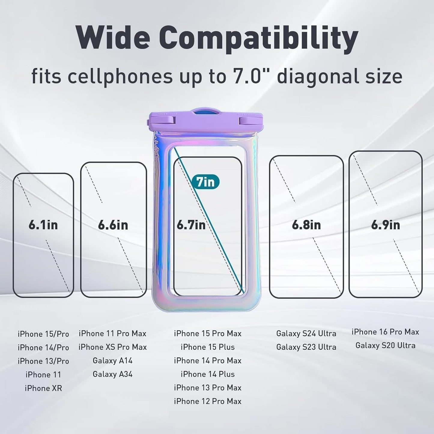 Floatable Waterproof Phone Pouch Case for iPhone 16 Pro Max/15/14/13/1, IP68 Travel Cellphone Dry Bag Beach Cruise Ship Essentials Bags with Crossbody Lanyard, Iridescent Purple and Blue B-7″