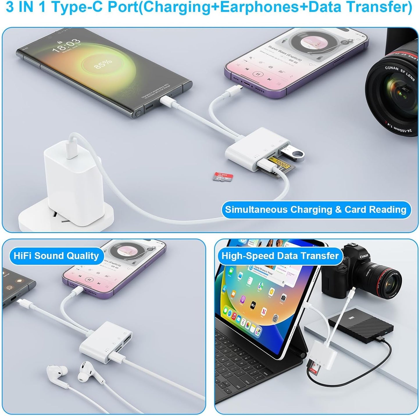 USB C Lightning SD TF Card Reader, 4-in-2 Memory Card Reader for iPhone 15/iPad/Mac/Laptop, Dual Connector Digital Camera Card Adapter with SD+TF+USB OTG+USB C Charging for Photography, Plug and Play