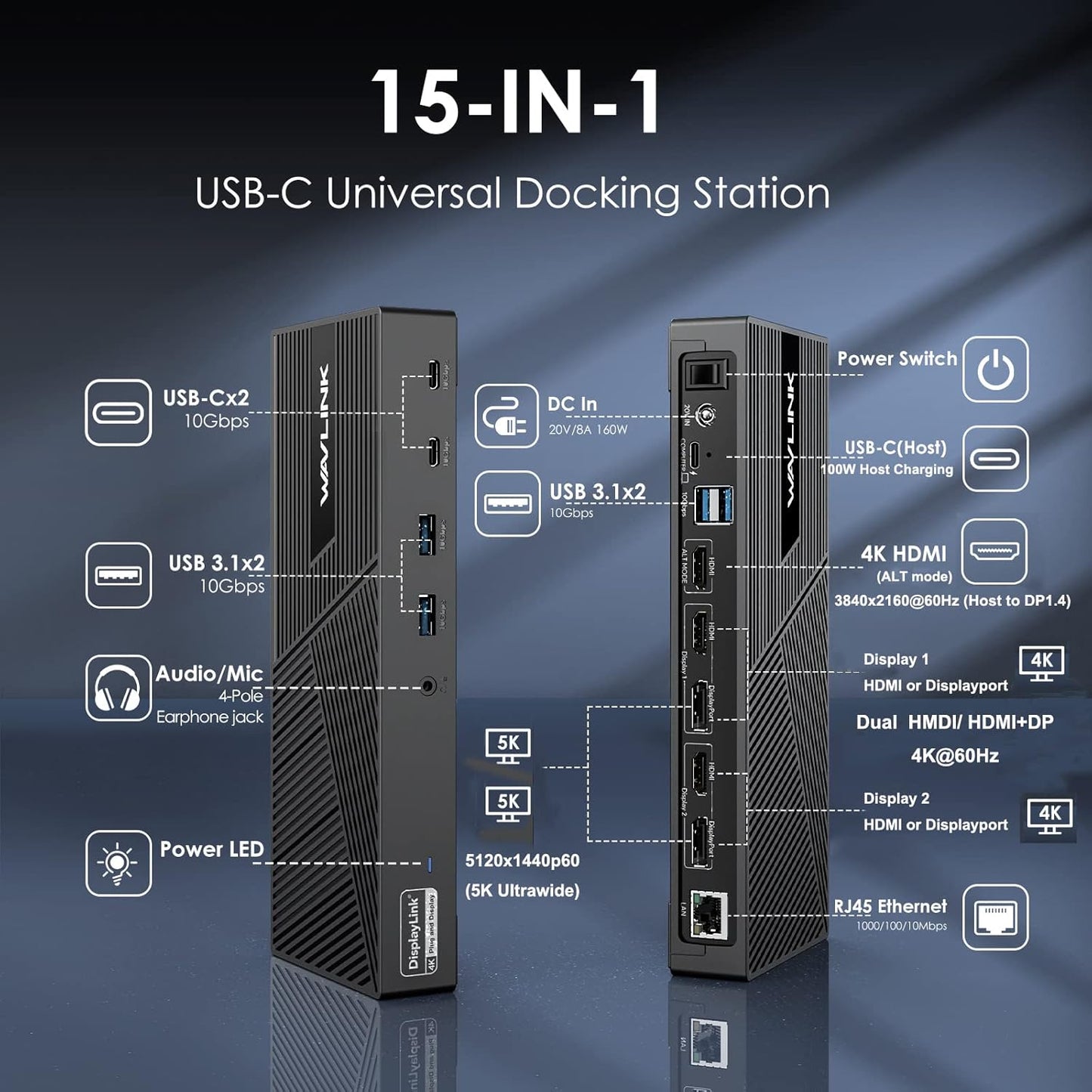 WAVLINK DisplayLink Docking Station Triple Monitor 4K@60Hz for 3 Monitors, 100W Charging for Thunderbolt 4/3, USB C M1 M2 M3 M4 Mac/Windows/Chrome - 3 HDMI, 2 DP, 6 USB Ports, 160W Power, LAN, Audio