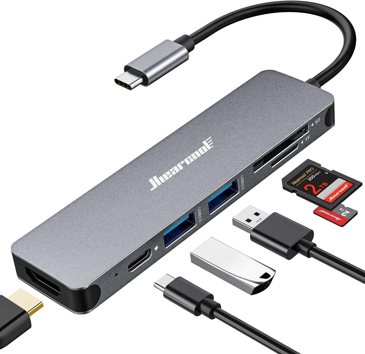 Hiearcool USB C Hub, USB-C Multi-Port Adapter for MacBook Pro, 7IN1 USBC to HDMI Hub Dongle Compatible for Laptops and Other Type C Devices (4K HDMI USB3.0 SD/TF Card Reader 100W PD)