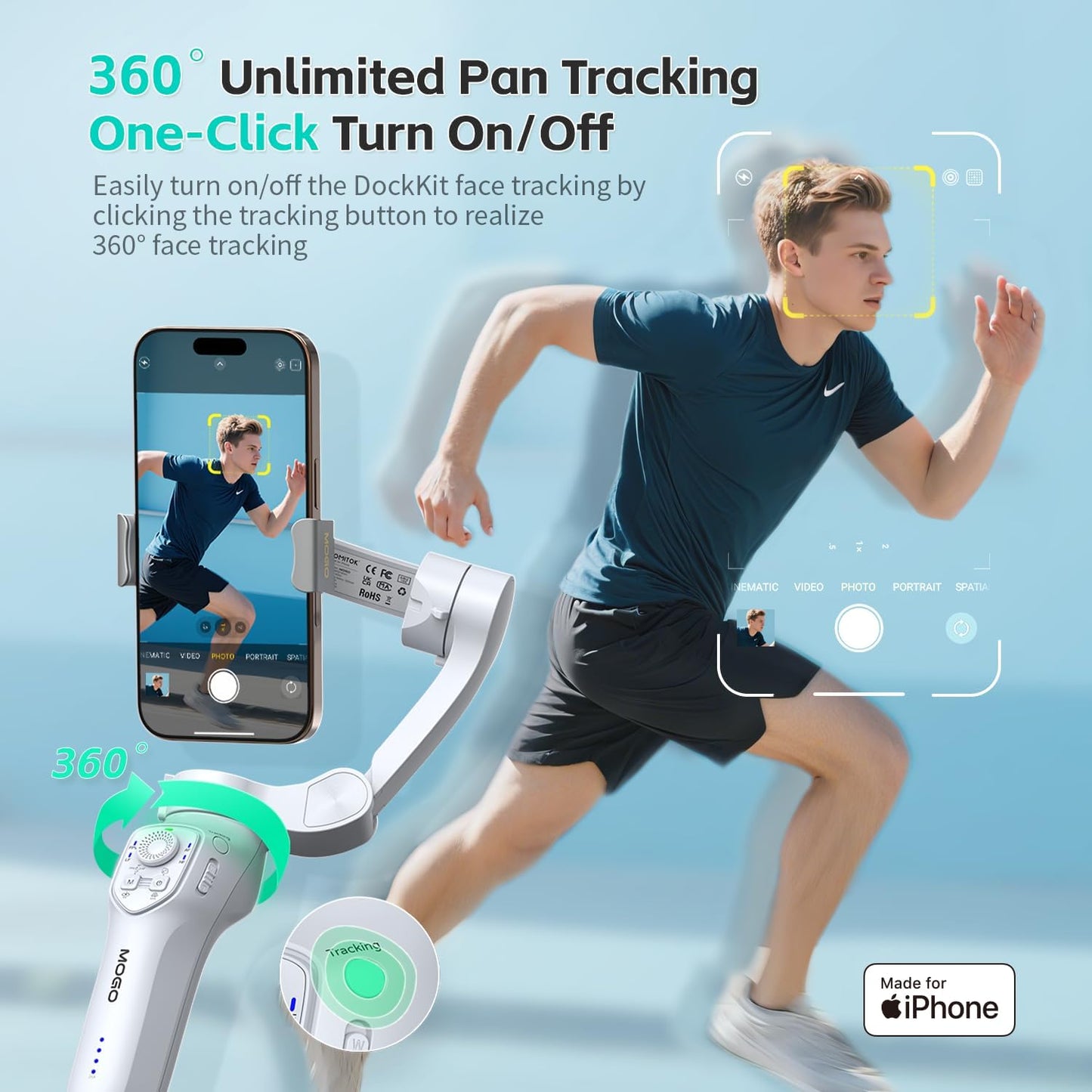 Only for iPhone, MOGO [Apple MFi Certified] Gimbal Stabilizer with Phone Clamp & RGB Light, Video Gimbal Stabilizer Allows Select Tracking Subject, Gaze-Tracking for iPhone 16 15 Pro Max