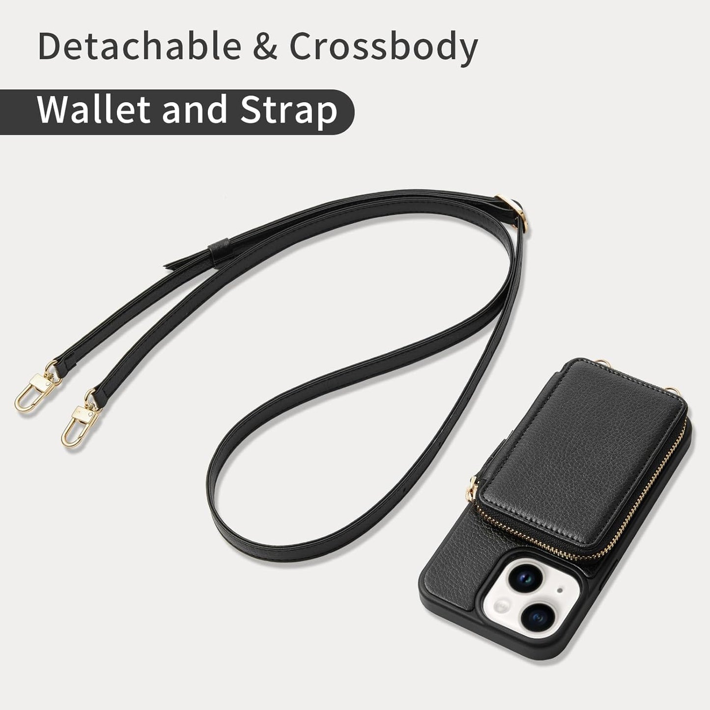 ZVE for iPhone 15 Wallet Case, Card Holder Crossbody Phone Purse for Women, Zipper Leather RFID Blocking Carrying Cover with Wrist Strap for iPhone 15 (6.1 inch)- Black