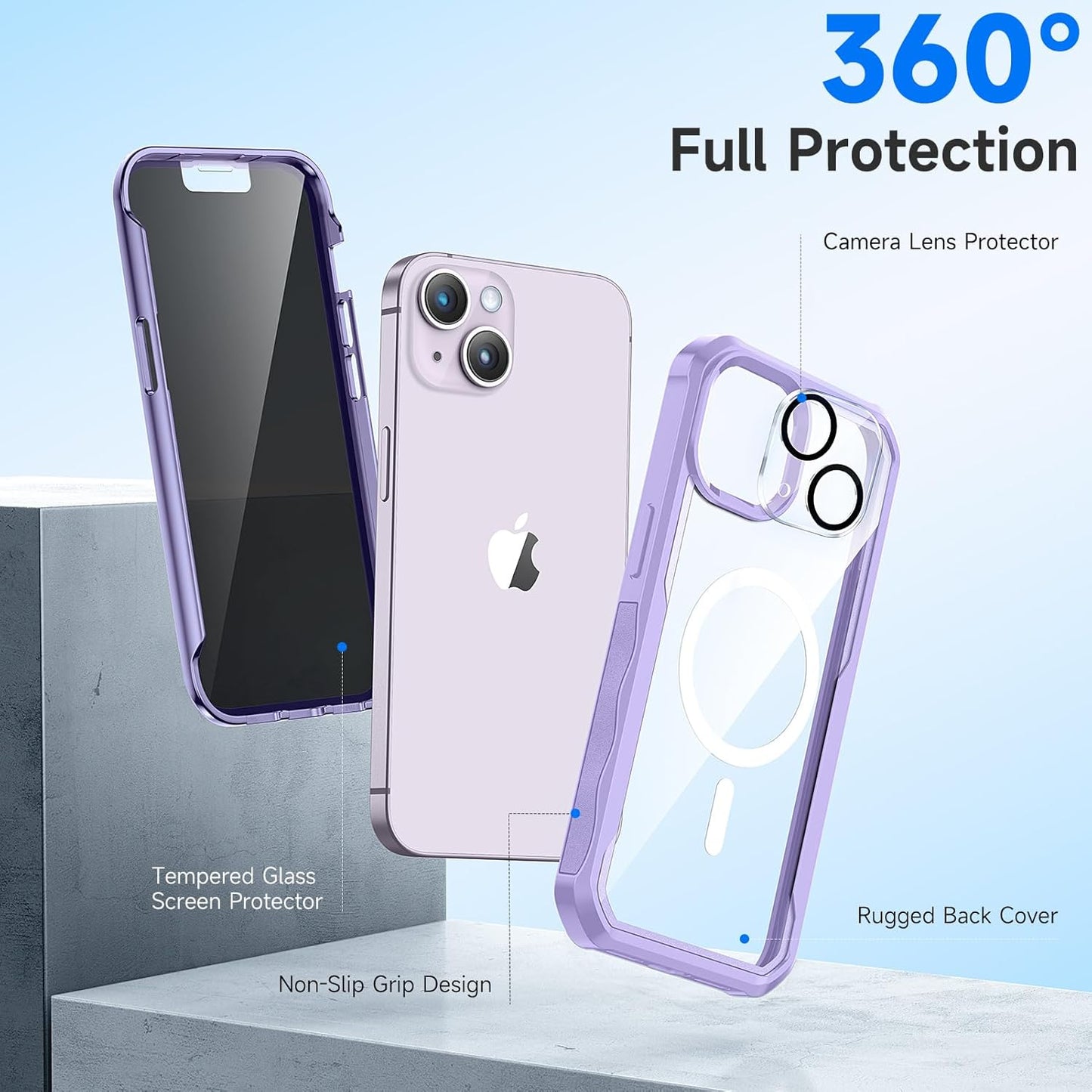 seacosmo for iPhone 14 Case, Full Body Bumper with Built-in 9H Tempered Glass Privacy Screen Protector and Camera Lens Protector, Compatible with MagSafe, Shockproof 14 Phone Case, 6.1", Light Purple