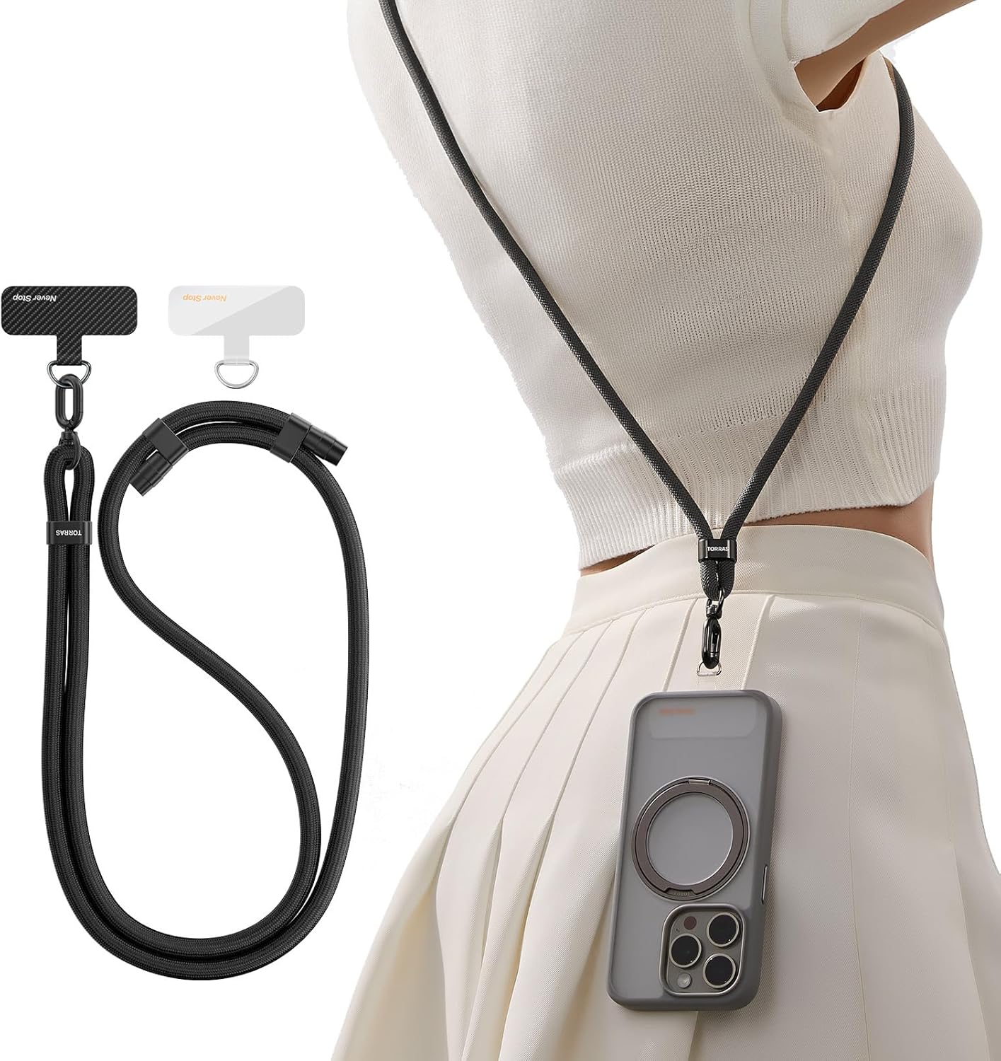 TORRAS Phone Lanyard Crossbody with 2 Phone Tabs, Adjustable Anti Theft Phone Strap for All Phones, Premium Metal Buckles, Skin-Friendly, Universal Cell Phone Neck lanyard for Travel Essentials, Black