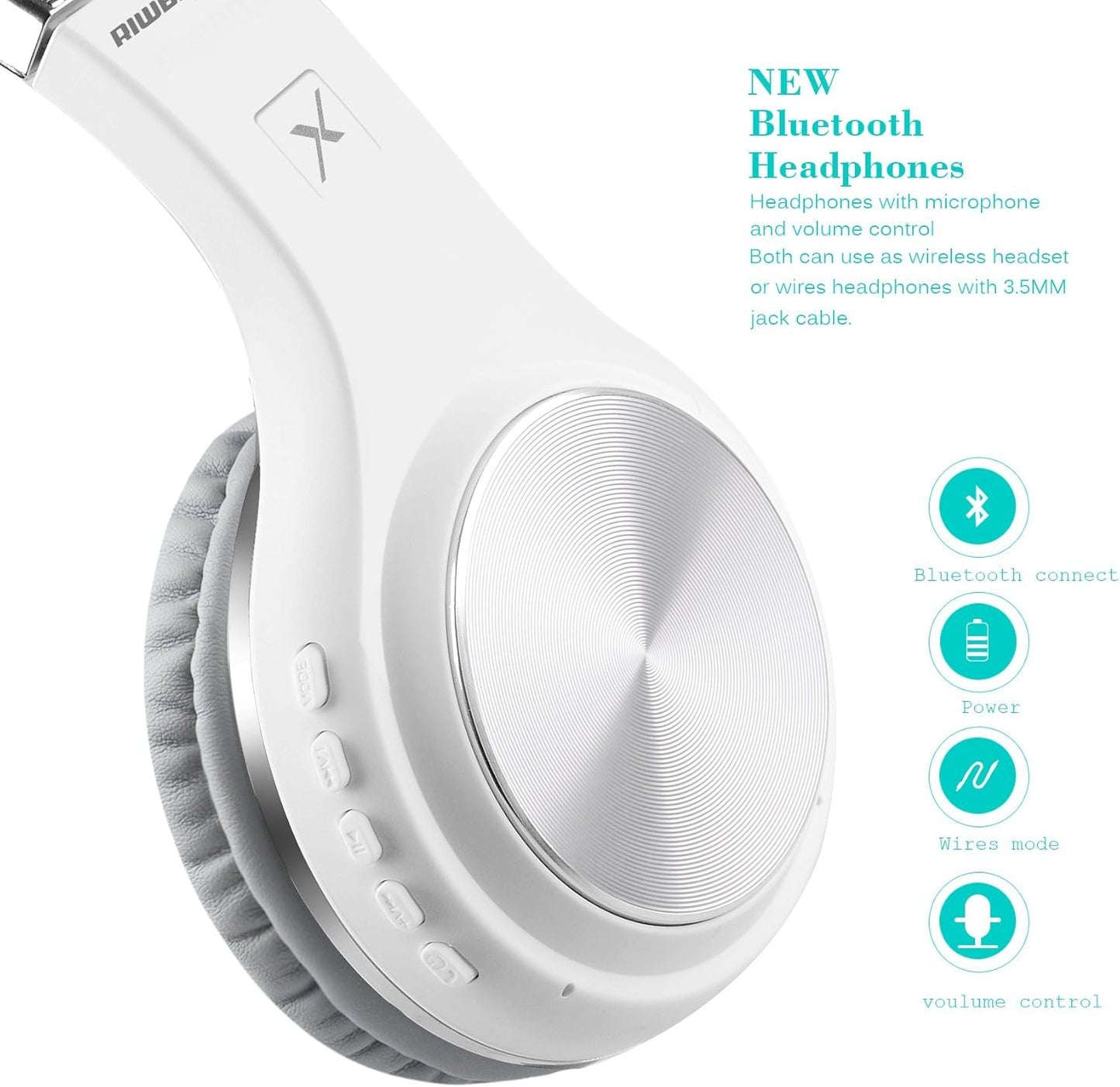 Riwbox Bluetooth Headphones, XBT-80 Folding Stereo Wireless Bluetooth Headphones Over Ear with Microphone and Volume Control, Wireless and Wired Headset for PC/Cell Phones/TV/iPad (Silver White)