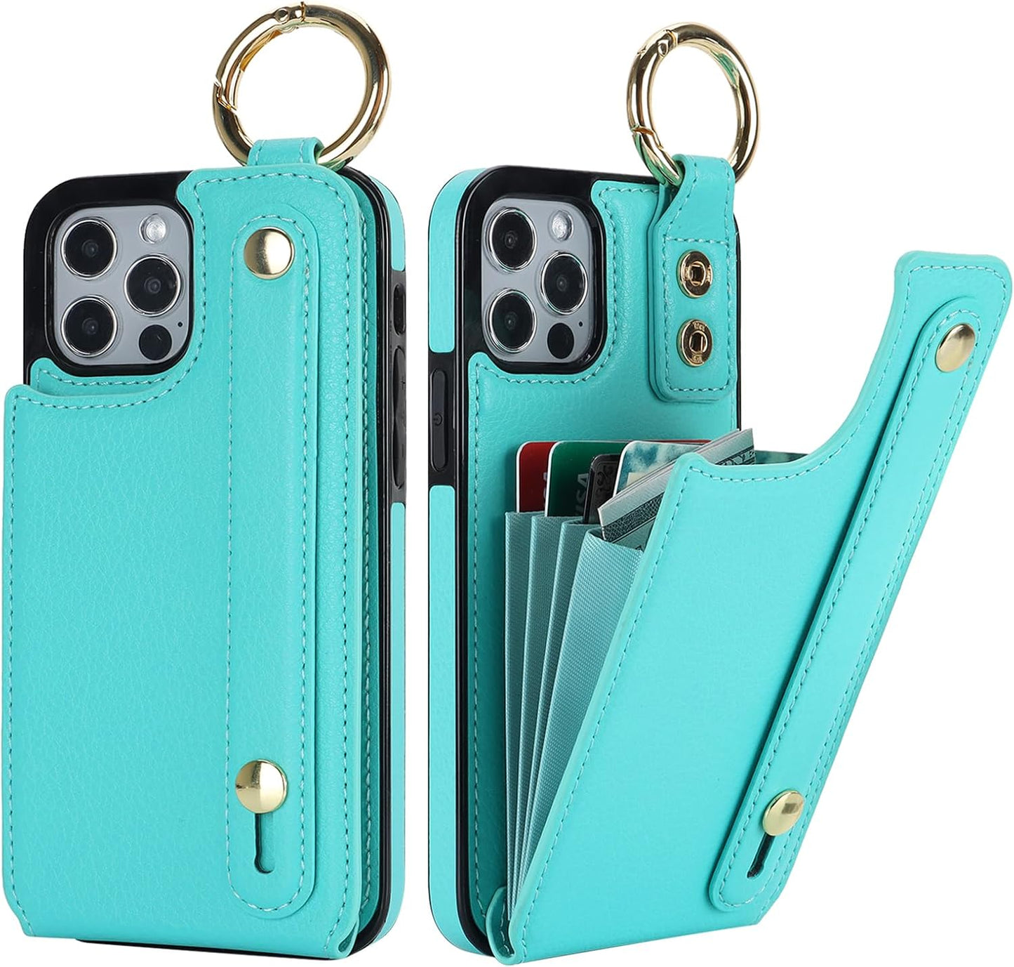 Folosu for iPhone 12/12 Pro Wallet Case with Card Holder, Hand Wrist Strap Loop Holder Kickstand, RFID Blocking Finger Grip Ring PU Leather Double Buttons Shockproof Cover 6.1" Green"