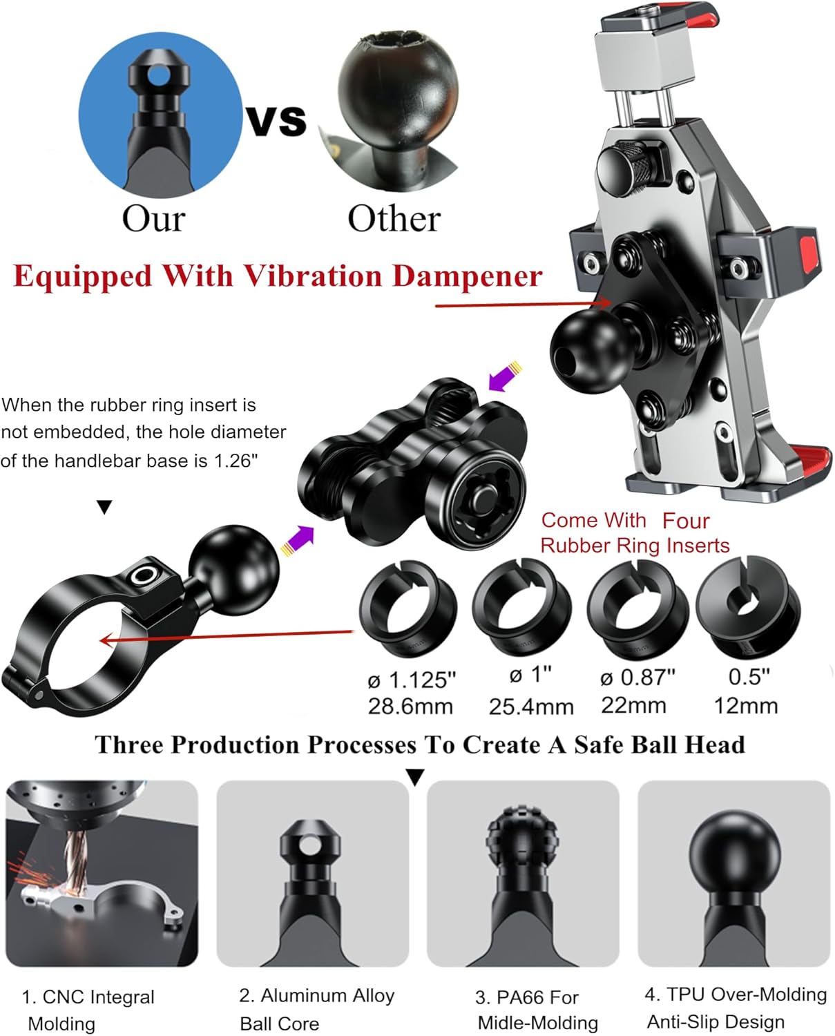 BRCOVAN Motorcycle Phone Mount with Vibration Dampener & Secure Lock, Solid Aluminum Alloy, Anti-Theft Handlebar Cellphone Holder, Adjustable for Motorcycle Bike Scooter ATV, Fit 4.7-7.2'' Smartphone