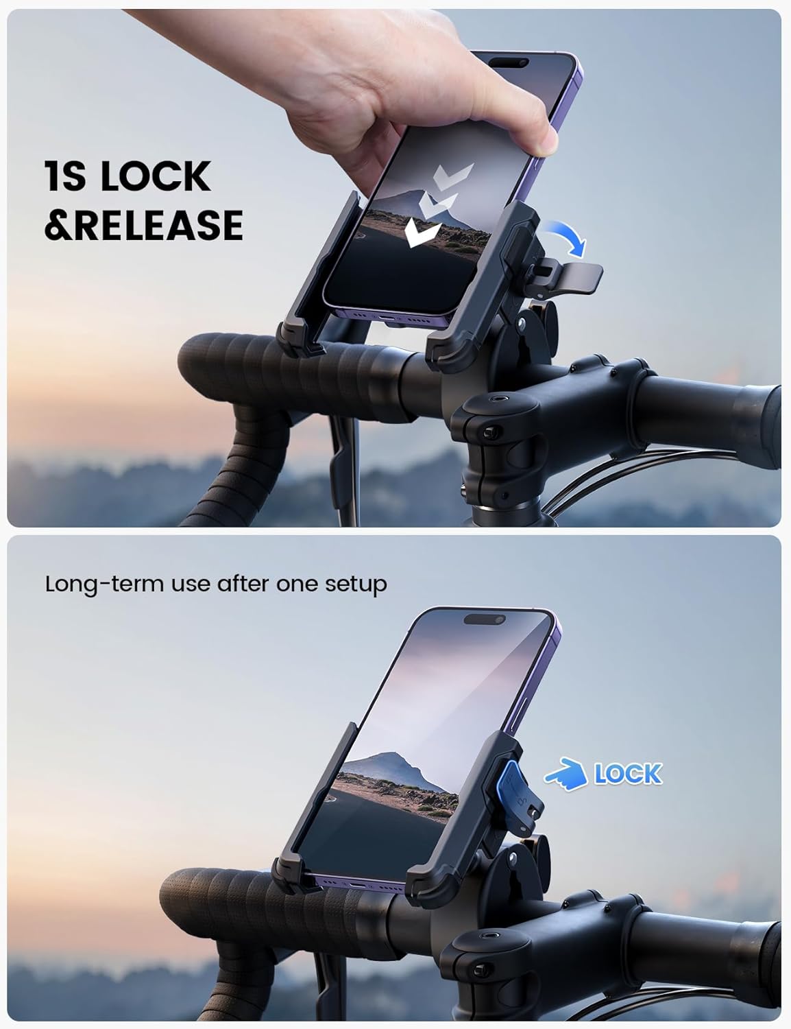Lamicall Motorcycle Phone Mount Holder - [Camera Friendly] [1s Lock] Bike Phone Holder Handlebar Clamp, Bicycle Scooter Phone Clip, for iPhone 16 Pro Max, 15 14 13, Galaxy S25 Ultra, 4.7-7" Phones"