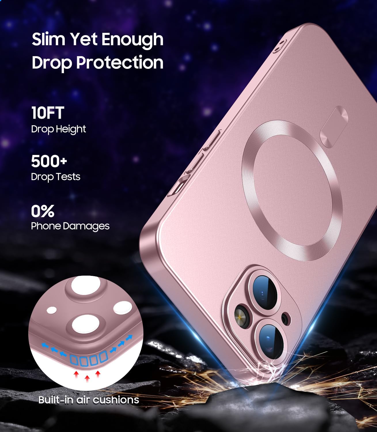 Magnetic for iPhone 14 Case [Compatible with MagSafe][Built-in Camera Lens Protector] Slim Soft Silicone Bumper Shockproof Metallic Luster Phone Case (Rose Gold)