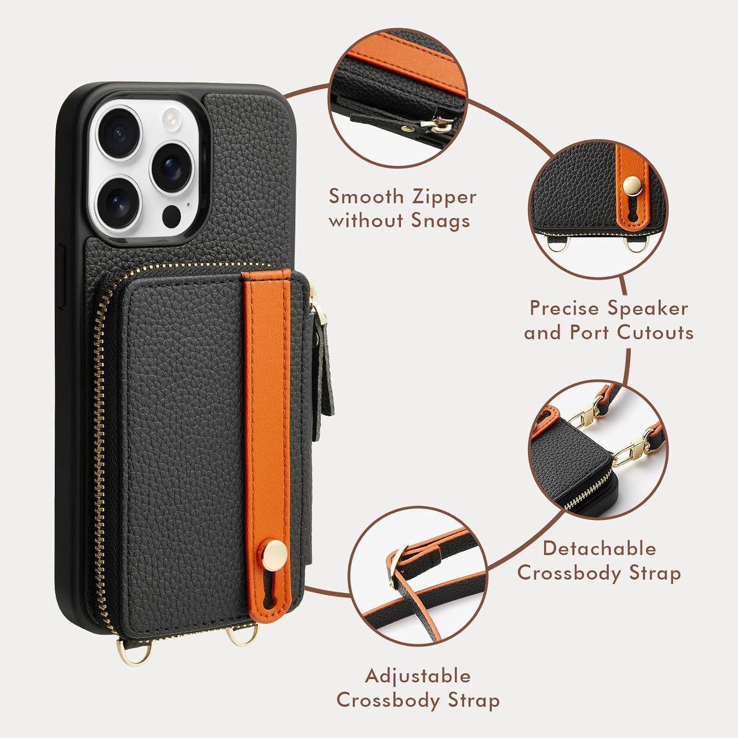 LAMEEKU for iPhone 15 Pro Max Wallet Case with Card Holder, Zipper Leather Crossbody Case with Kickstand Wrist Strap Lanyard for Women, Cover Phone Grip Holder Stand 6.7" -Black"