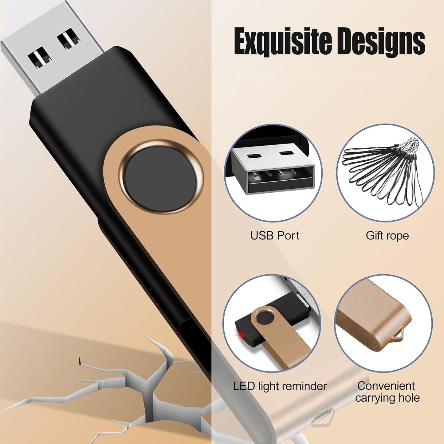 EASTBULL 4GB USB Flash Drive Bulk Thumb Drives 50 Pack with Lanyards USB 2.0 4GB Memory Sticks Zip Drive Pen Drive for Storage and Backup Gold 50PCS