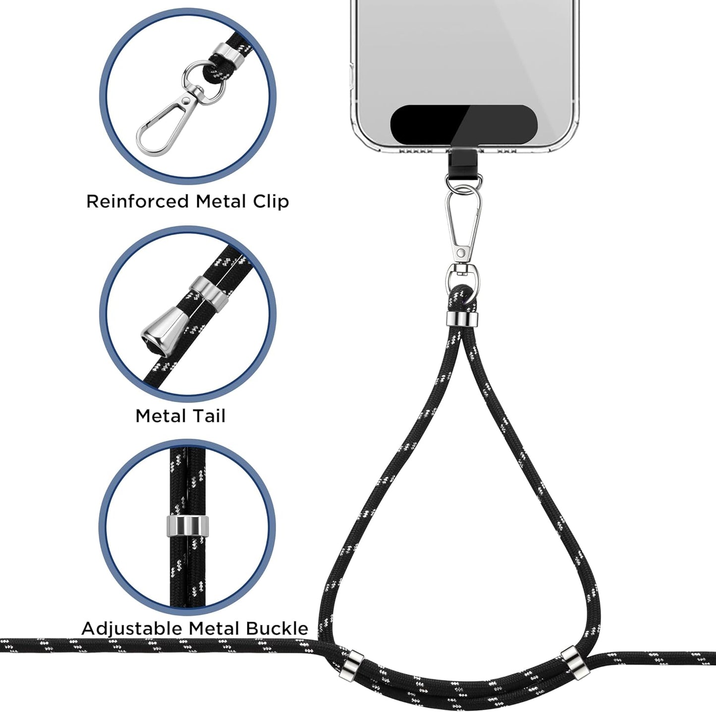 CACOE Cell Phone Lanyard Universal Crossbody Multifuctional Lanyard Compatible with Most Smartphones (Black Silver, 30"（Neck Strap×1）+8""（Wrist Strap×1）)"