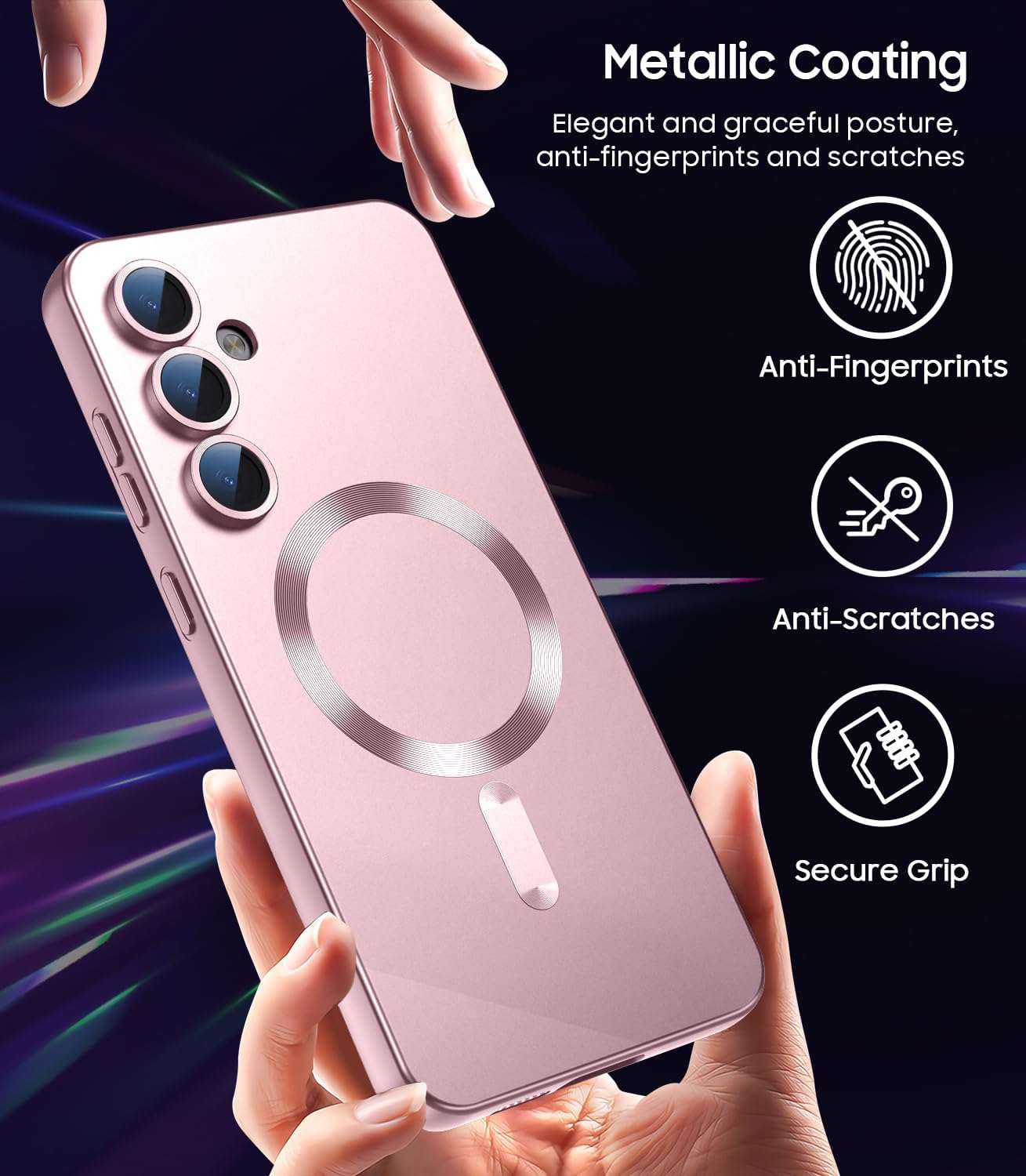 Magnetic for Samsung Galaxy S25 Case [Compatible with MagSafe][Built-in Camera Lens Protector] Slim Soft Silicone Bumper Shockproof Metallic Luster Phone Case (Rose Gold)