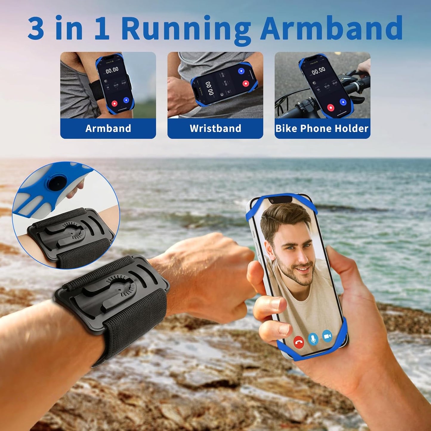 3in1 Phone Holder for Running,Arm Band/Wrist Holder/Bike Mount,Phone Armbands 360° Rotation & Detachable Fit All 4.5-7" Cellphone for iPhone 16/15/Pro/ProMax/14/13/12/mini/Pro Max/XS/XR"