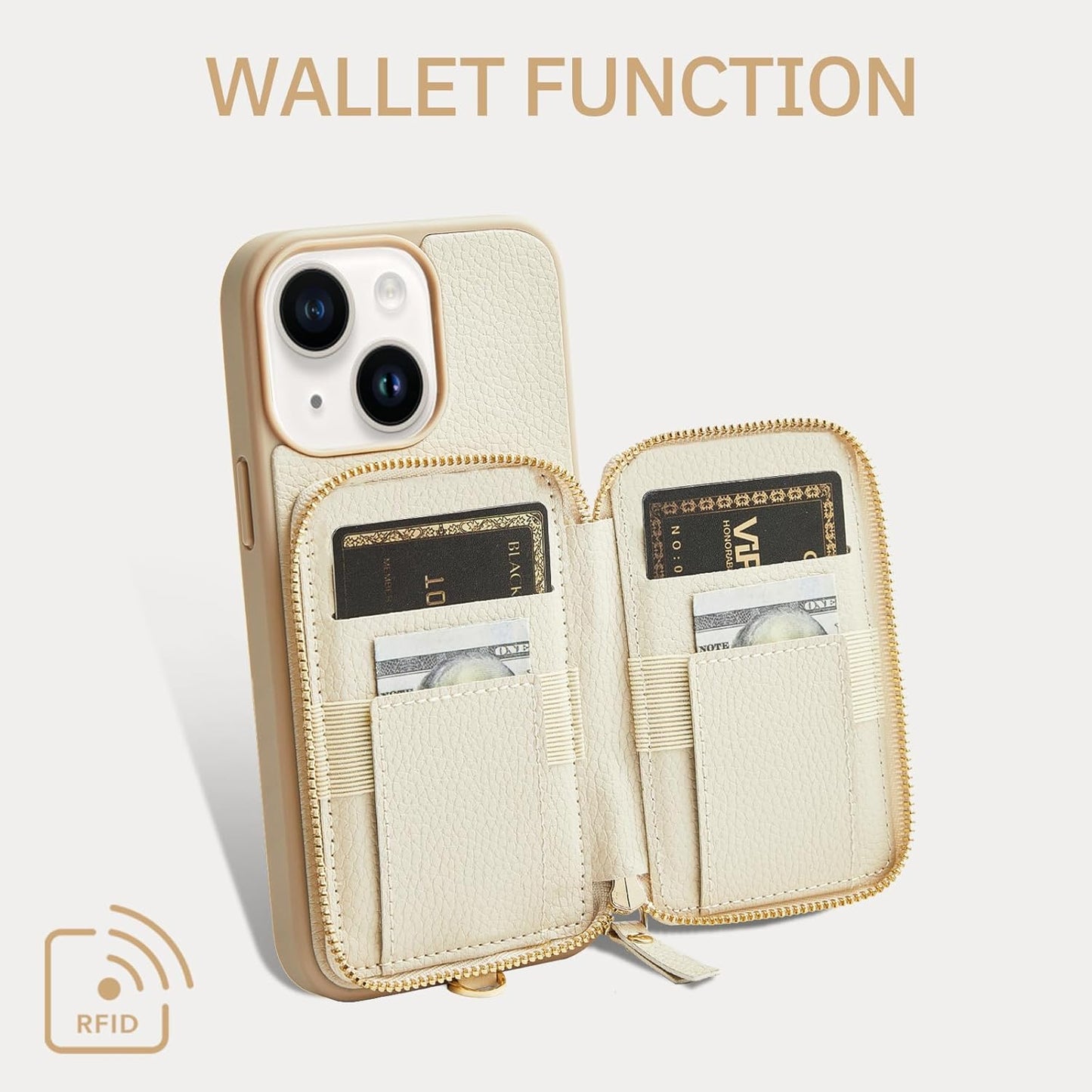 ZVE Wallet Case for iPhone 15, Phone Case with Card Holder Wrist Strap Compatible iPhone 15, RFID Blocking Zipper Leather Gift Cover for Women for iPhone 15, 6.1"(2023) - Beige"